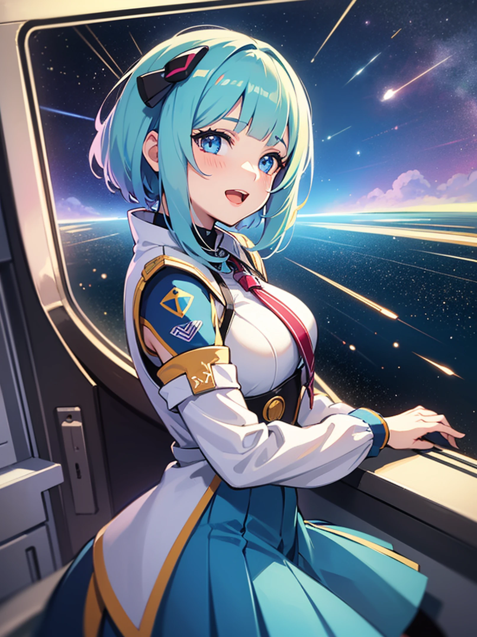 Anime girl on space station looking out the window, macross delta, portrait anime space cadet girl, macross delta splash art, from the azur lane videogame, macross frontier, style of macross, Official Character Art, Female protagonist 👀 :8, macross, macross franchise, akasuki voidstar, Official art, 8 k character details, (masterpiece:1.3), (best quality:1.3), high resolution,
overlook view, couboy shot,
leaning forward, body facing forward,
(one cute girl:1.3), solo,
white skin, small Breast, eight-headed person,
light blue hair, (bobbed hair:1.2), (short hair:1.1), (blunt bangs:1.2), beautiful hair, blue eyes, beautiful detailed eyes,
blush, open mouth, cheerful smile,
school uniform, blue check skirt,
outdoors, beautifully detailed sky,
shadowlighting,