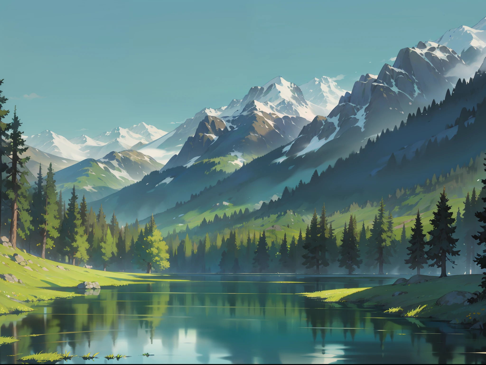 Towering snow-capped mountains，mountain ranges，Turquoise Lake，(ln the forest)，florals，The tree，grassy，Near and far comparison，springtime，Plenty of sunshine，Sunlight strong，lightand shade contrast，precipice，Animate，picture，8K，high qulity