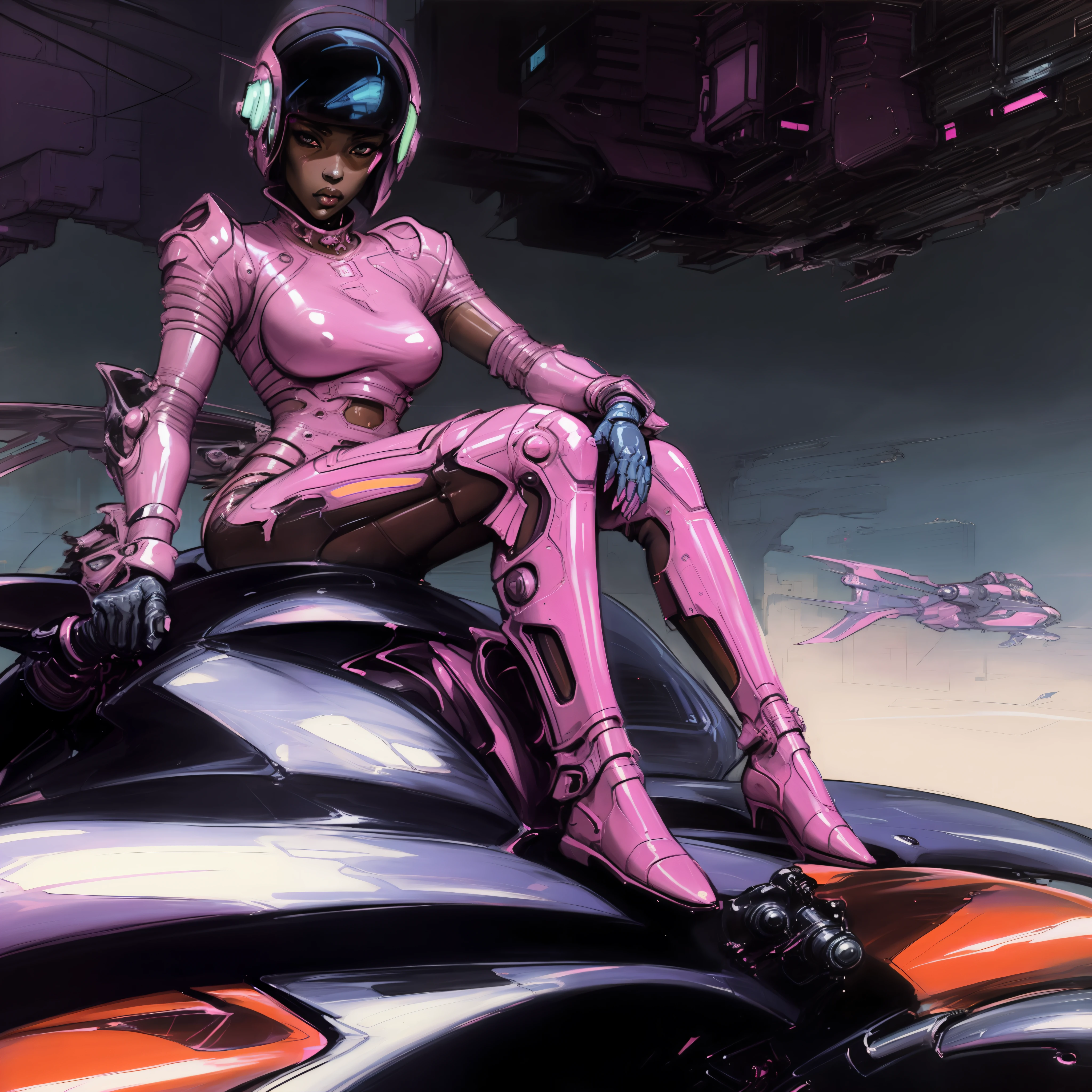 painting of a woman in a pink suit sitting on a motorcycle, inspired by Syd Mead, style of syd mead, in style of syd mead, syd mead style, neon version of style jim burns, syd mead. rich colors, sitting on cyberpunk motorbike, the style of syd mead, syd mead and mark brooks, slick pink armor, hajime sorayama designed girl