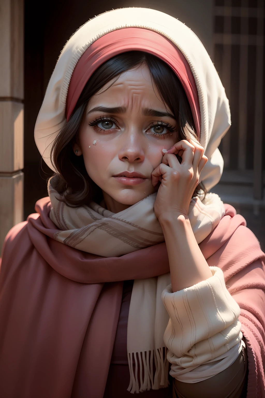 mulher de 50 anos inspirada em Jhennifer Lopez. Woman has scarf over her head. Woman is sad. Chorando. face tears.