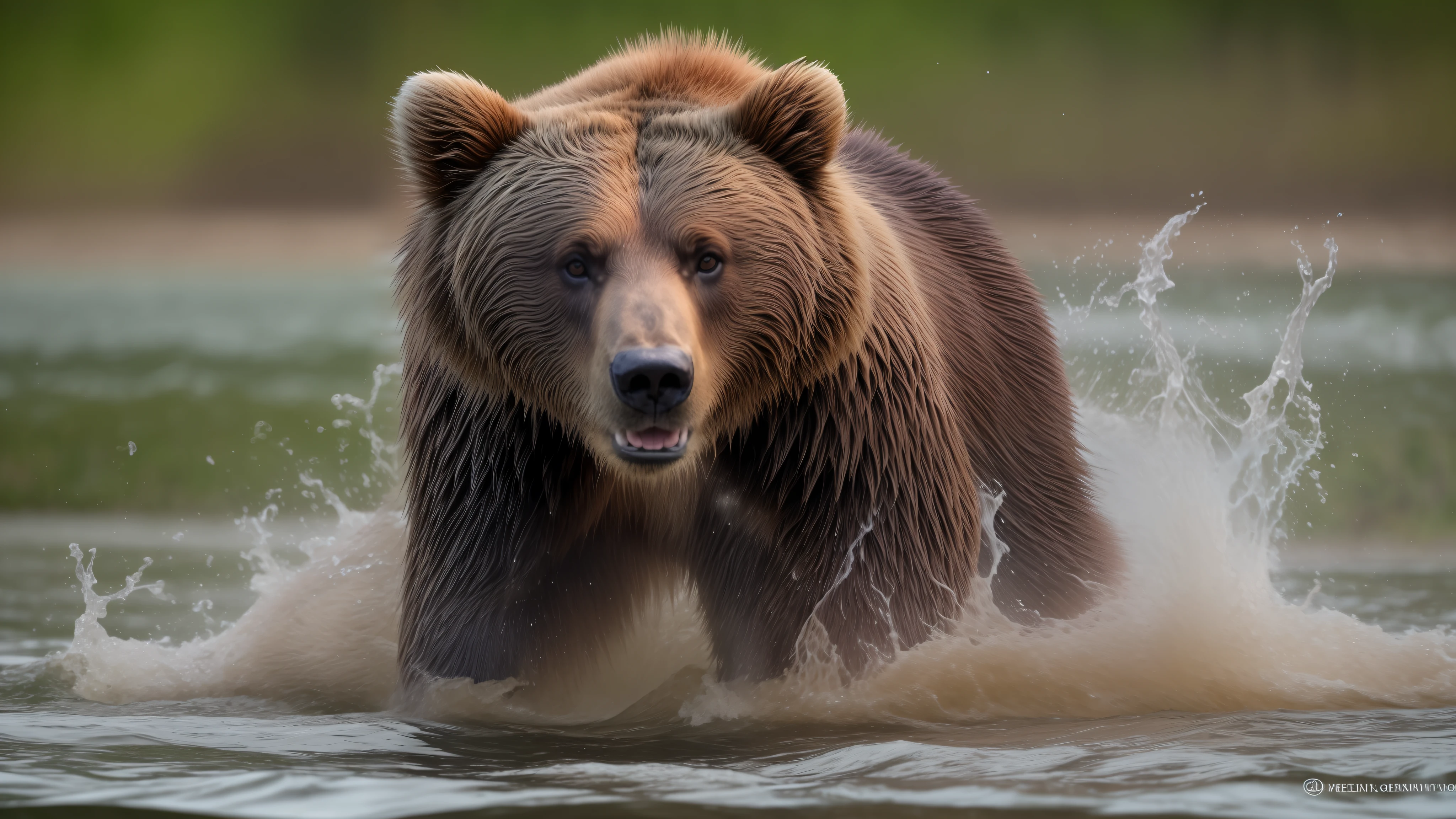 there is a bear that is walking through the water, brown bear, by Ivan Grohar, grizzly, half grizzly bear, by Dietmar Damerau, running from bear, anton semonov, well focused, sergey zabelin, by Gabor Szikszai, emerging from the water, bear, national geographic photo”, fierce expression, sharply focused, dramatic, cinematic