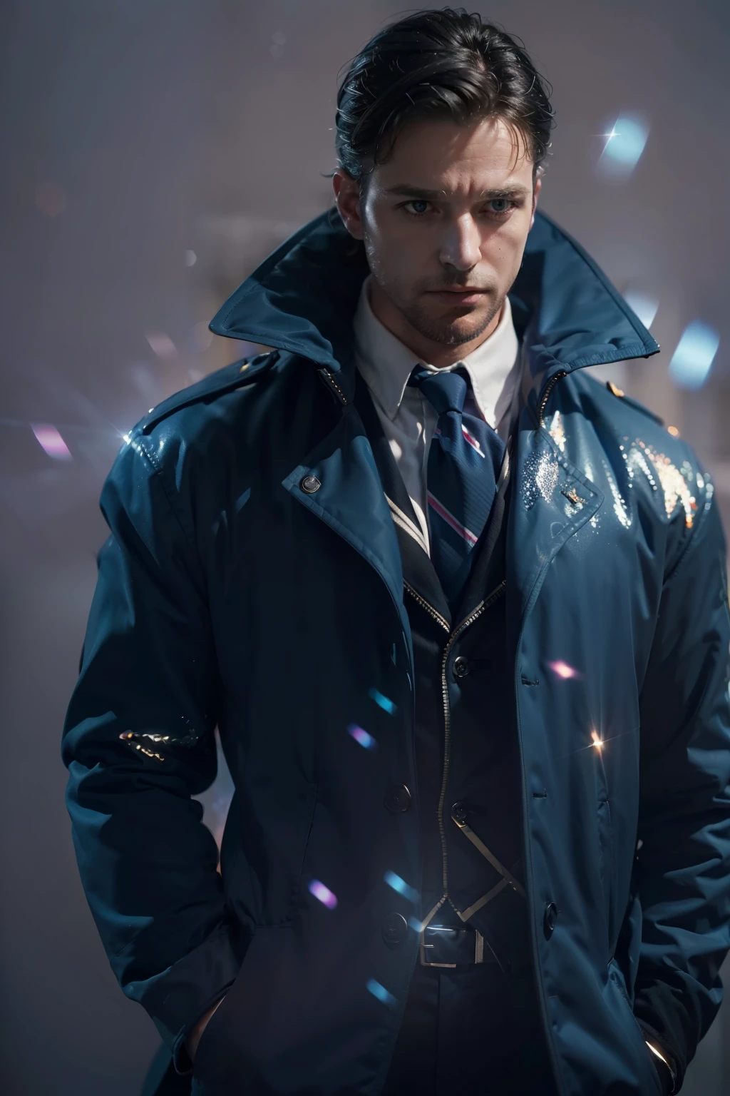 (
(Character: one English man, 40 years old, police, serious expression, short windswept hair, strong body)
(Clothing: blue police coat, Tie, social pants)
(Pose: upper body shot:1.7, dynamic pose)
(blurry, intense urban lights in background)
(Style: ((masterpiece:1.5)), (face detailed), photo-realistic:1.3, hyperrealistic, foggy, high contrast, shiny skin, soft lighting, backlighting, bloom, light sparkles, chromatic aberration)