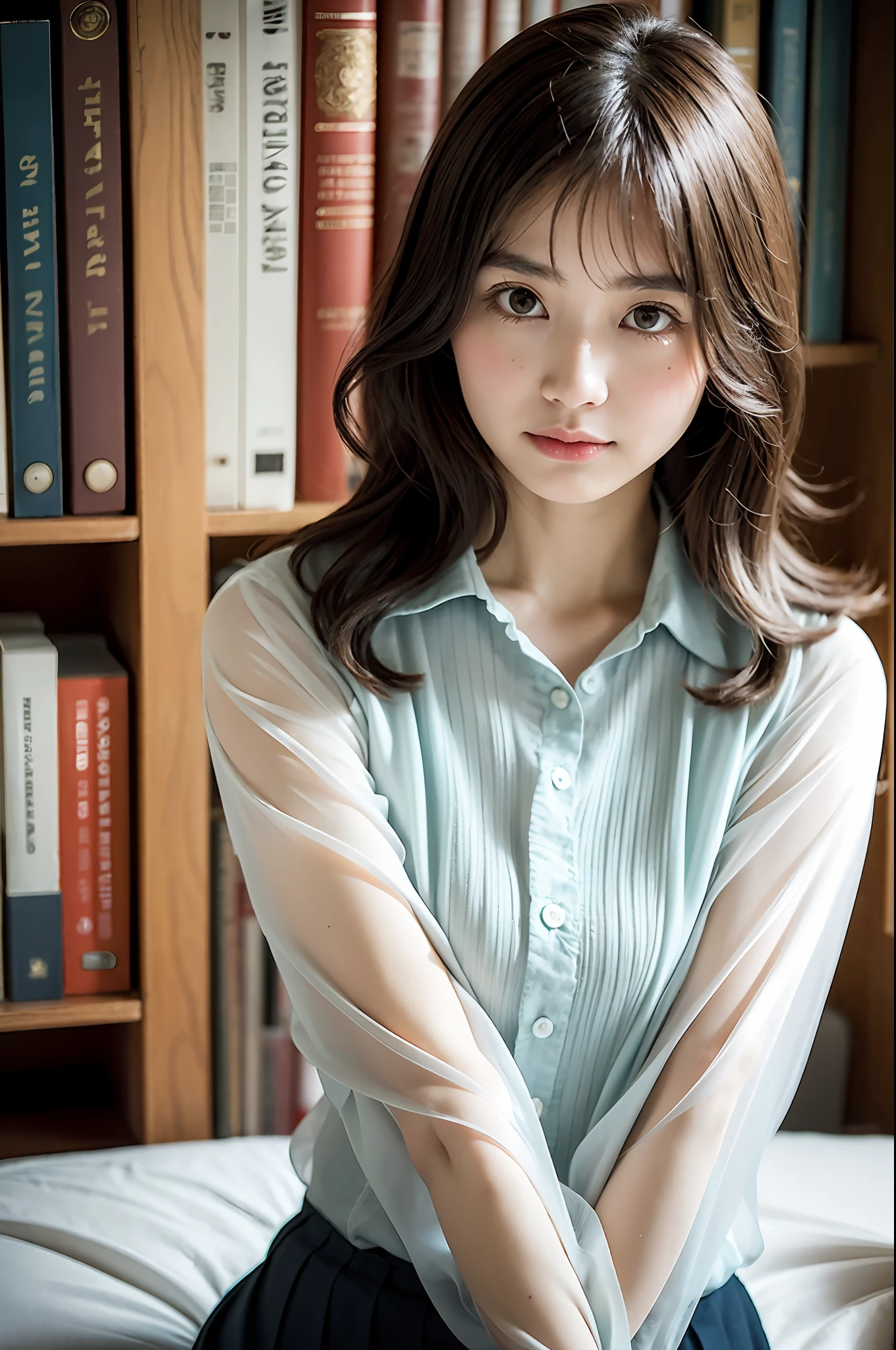 Prompt Merge
Capture the serene beauty of a young woman immersed in the peaceful atmosphere of the library. Soft diffused lighting gently illuminates her features, emphasizing her delicate expression and creating a tranquil atmosphere. Library shelves filled with books provide a background of knowledge and wisdom. It focuses on capturing the natural charm and elegance of the model, maintaining the essence of calm and reflective moments. A lovely 21-year-old Japan gravure model with soft, wavy gray-brown hair adorned with ribbons captivates with a seductive look. She wears a white blouse with ruffles, a blue skirt with ruffles, and white ankle socks. Sitting on the bed, she hugs her knees while staring at the camera, exuding a melancholic charm. Create a scene where beauty and ephemerality intertwine. White blouse. White socks.