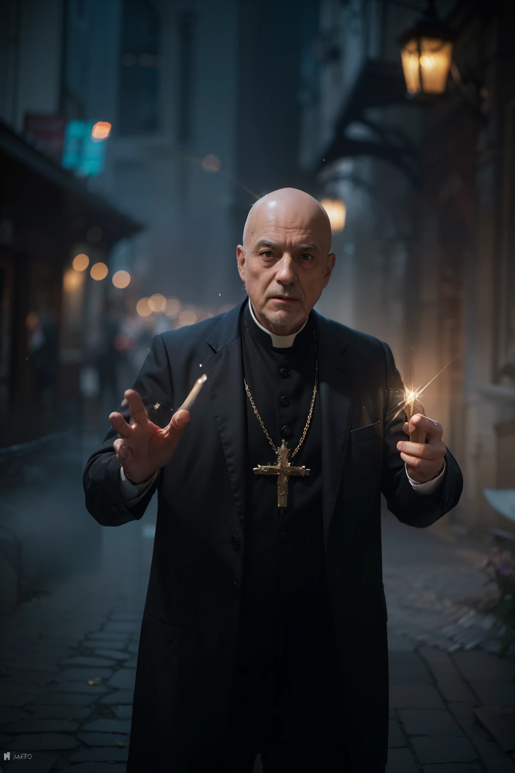 (
(Character: one italian man, 70 years old, exorcist, serious face,bald),(sfw:1.3)
(Clothing: Priest's vest, holding a holy symbols)
(Pose: upper body shot:1.7, dynamic pose)
(blurry, intense urban lights in background)
(Style: ((masterpiece:1.5)), (face detailed), photo-realistic:1.3, hyperrealistic, foggy, high contrast, shiny skin, soft lighting, backlighting, bloom, light sparkles, chromatic aberration)
