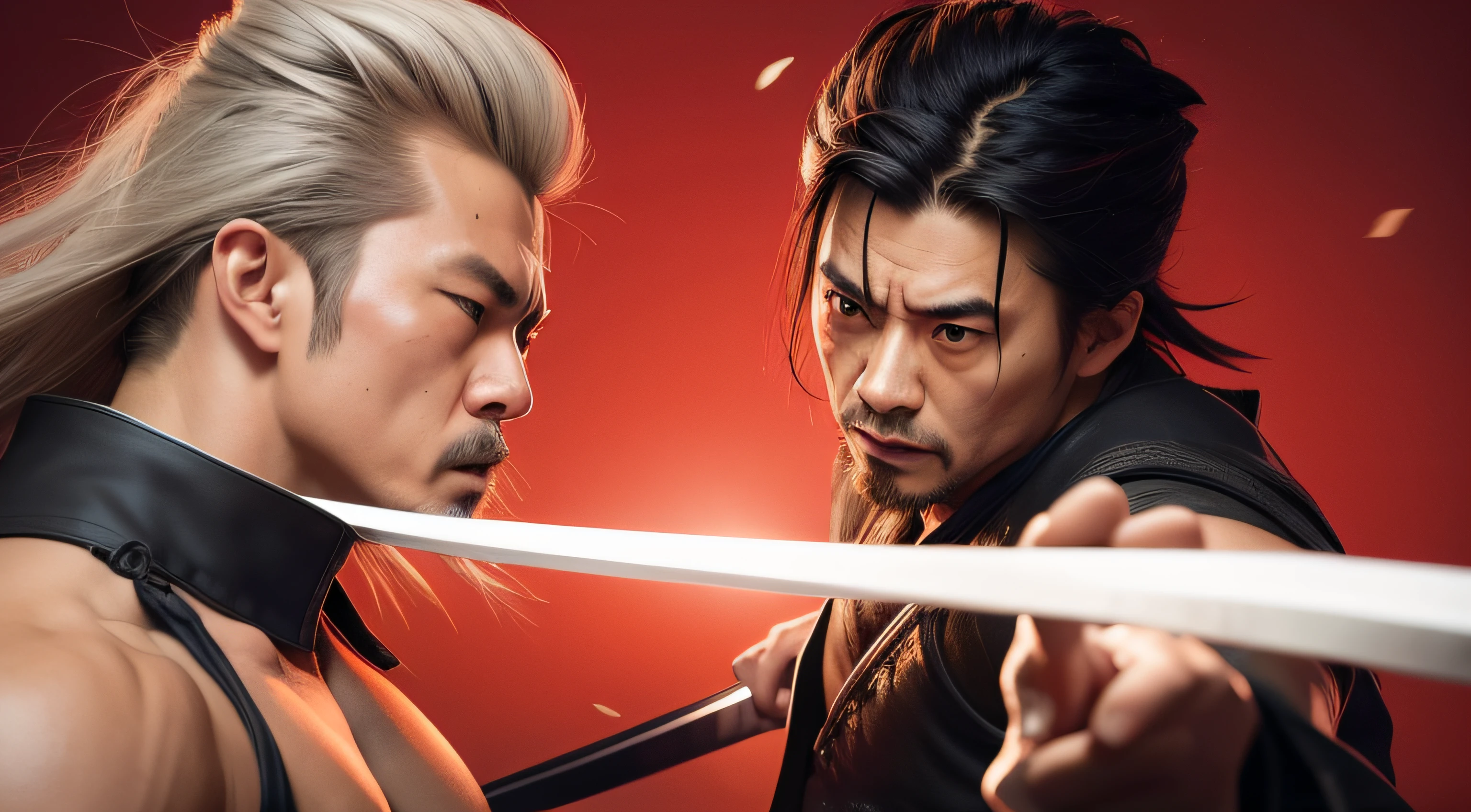 In this electrifying scene, Miyamoto Musashi, the legendary Japanese swordsman, faces off against his formidable adversary in a high-stakes duel. The air crackles with tension as their katanas clash with lightning speed and precision. Musashi's focused expression reveals his unwavering determination and mastery of the art of the sword. His opponent, equally skilled, meets his strikes with equal ferocity, creating a dazzling display of skill and technique. Cherry blossom petals dance in the air, adding to the atmosphere of this legendary battle that unfolds against the backdrop of ancient Japan. This gripping image captures the essence of Musashi's indomitable spirit and unwavering resolve, inviting viewers to witness the thrilling spectacle of one of history's greatest swordsmen in a duel that will be remembered for ages to come.