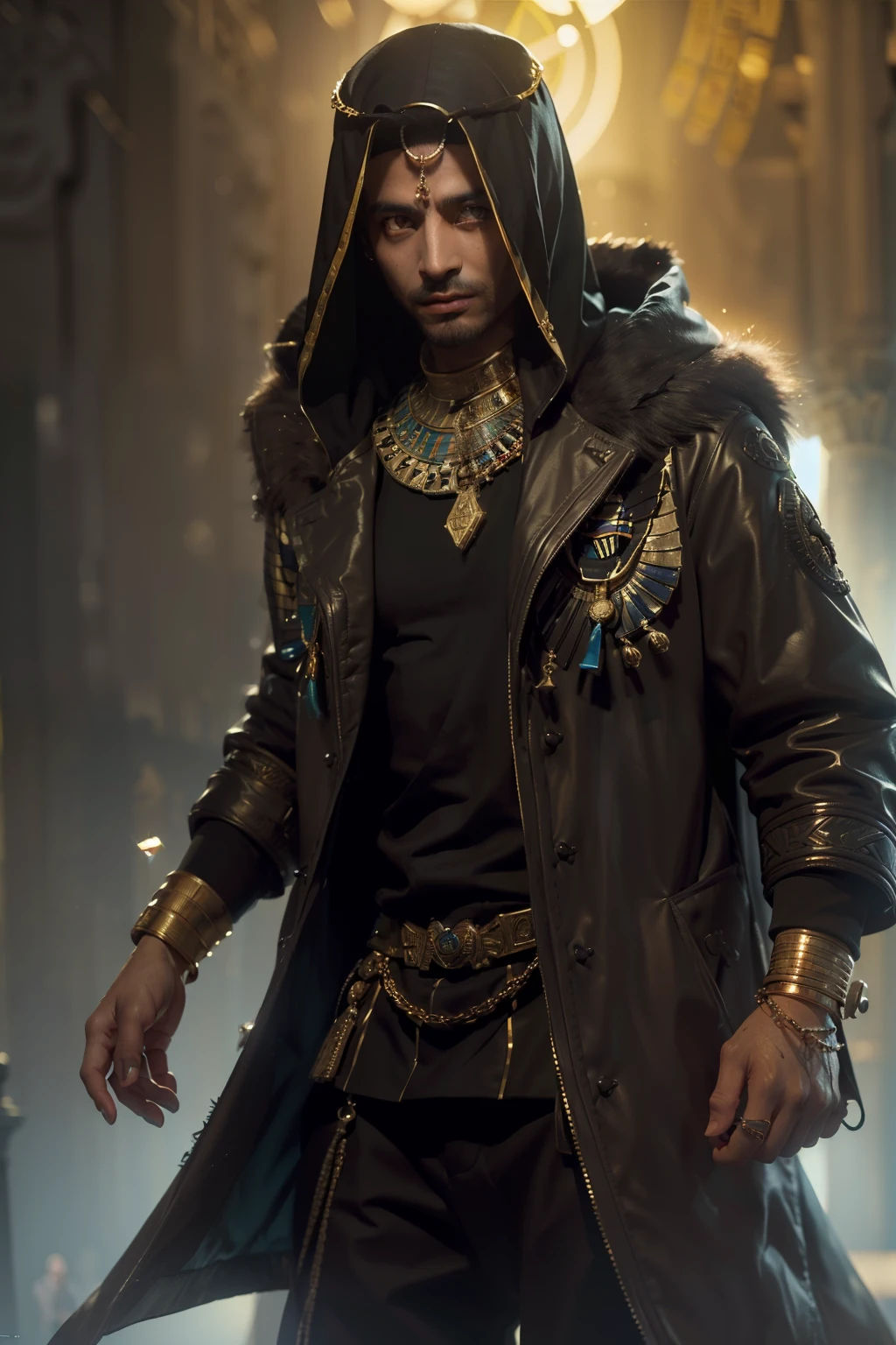 (
(Character: one egyptian man, occultist, traits:1.5, black skin:1.4)
(Clothing: brown coat with egyptian symbols, egyptian amulets, egyptian tattoos)
(Pose: upper body shot:1.7, dynamic pose)
(blurry, intense urban lights in background)
(Style: ((masterpiece:1.5)), (face detailed), photo-realistic:1.3, hyperrealistic, foggy, high contrast, shiny skin, soft lighting, backlighting, bloom, light sparkles, chromatic aberration)