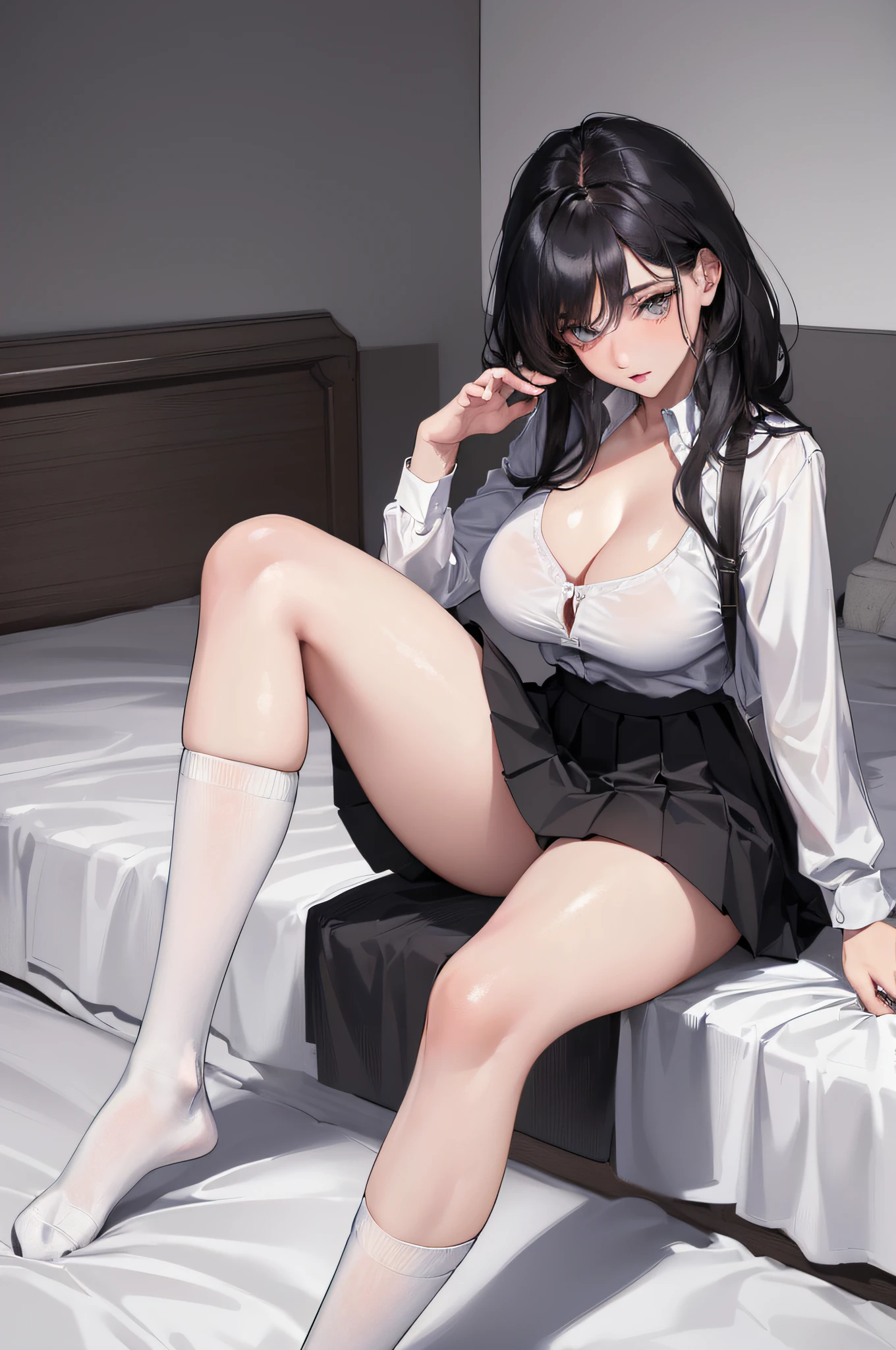 Official fine art，tmasterpiece，Sharp focus，(best qualtiy, 8K, tmasterpiece:1.3，Delicate and beautiful hair and eyes and face，realisticlying，ultra - detailed，a beauty girl, Focus:1.2, Perfect figure sitting on bed:1.4,White shirt，a black pleated skirt，Raise your legs high，White knee-length socks，legs are open，Foot elevation，Realistic details，Black color hair，female high-school student，Lori huge breasts cleavage，pantyless，Lower body visible