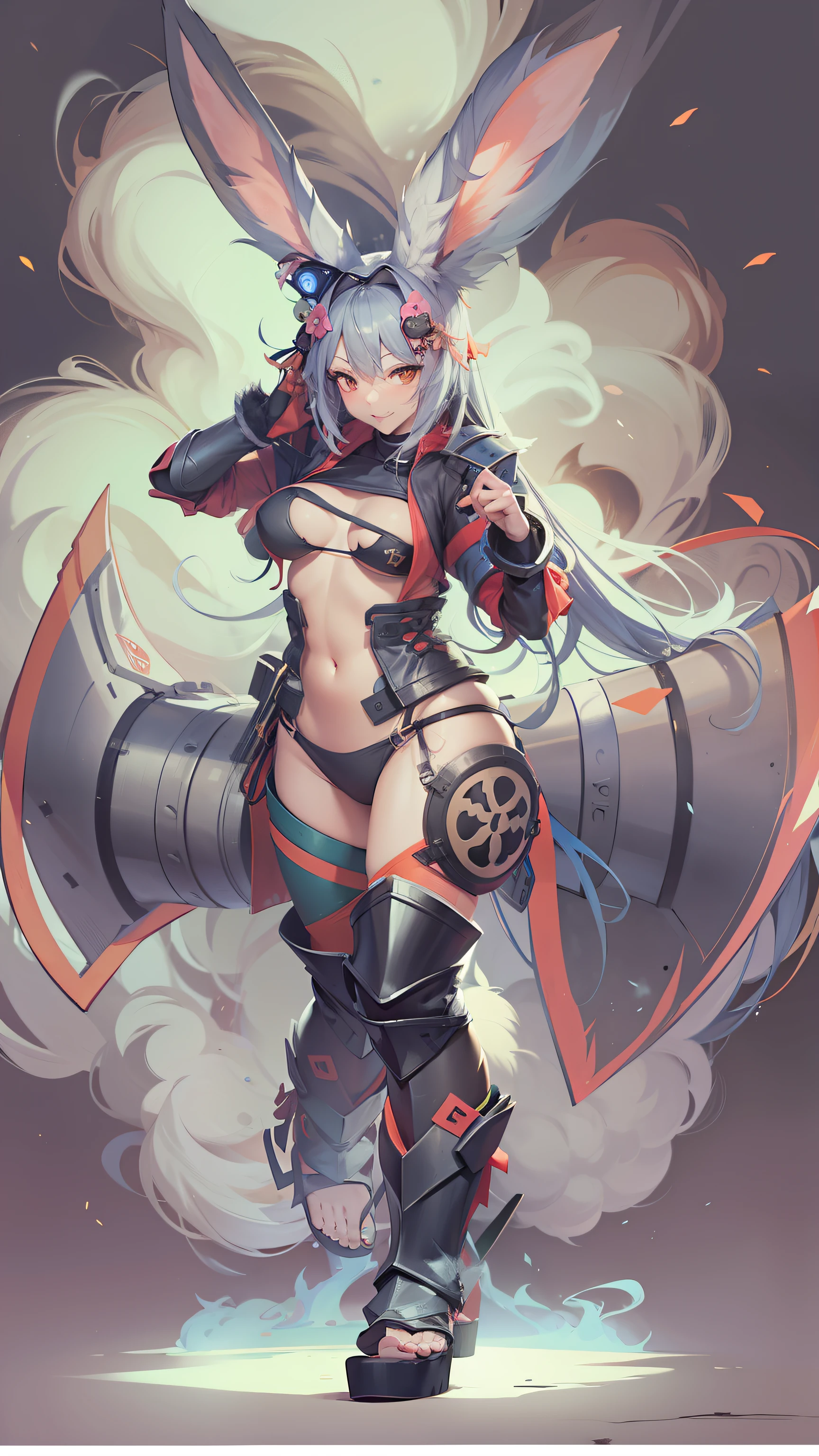 Hot Sexy Furry Bunny Girl wear Ninja Bikini Armor with Smoke Aura, Full Body