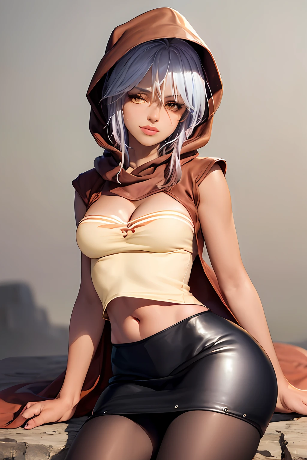 (masterpiece, best quality:1.2), cowboy shot, solo, 1girl, mariah \(jojo\), dark skin, dark-skinned female, expressionless, sitting, hood, yellow eyes, skirt, pantyhose, midriff, cleavage