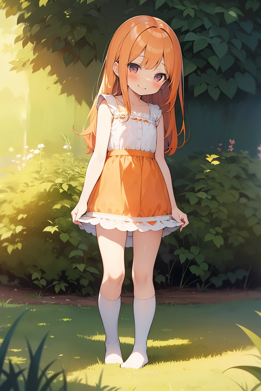 ****, ***********, ORANGE hair, shy, smile, solo, blush, short cute dress, panties visible, white stockings, standing on a grass, cute, white panties, without shoes, detailed face