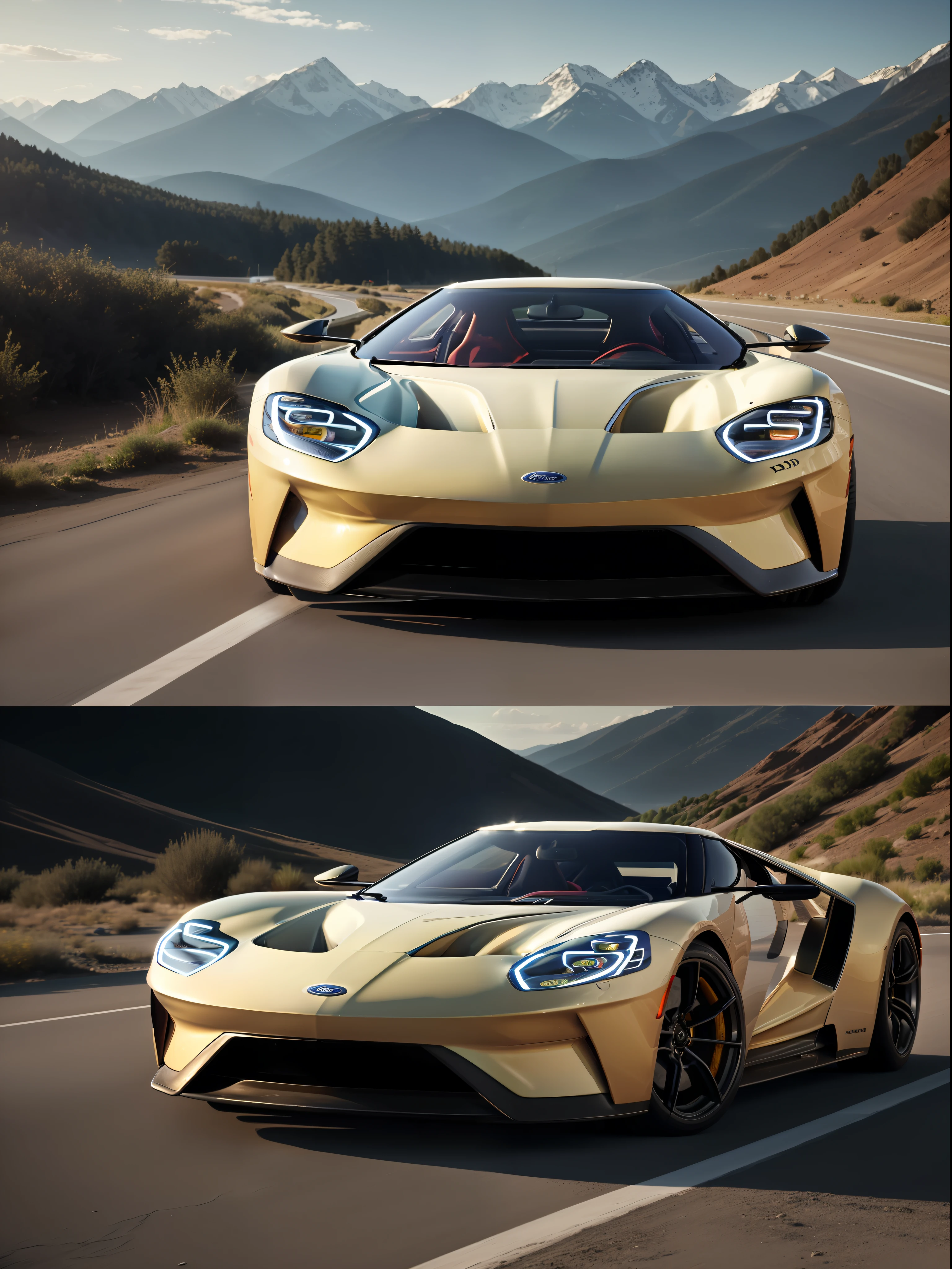 A car photography shoot of a 2024 Ford GT parked on an angle in the middle of the road, behind the car is a long winding road heading towards mountains in the distance, cinematic light, soft light, backlit, micro-details, photorealism, photorealistic