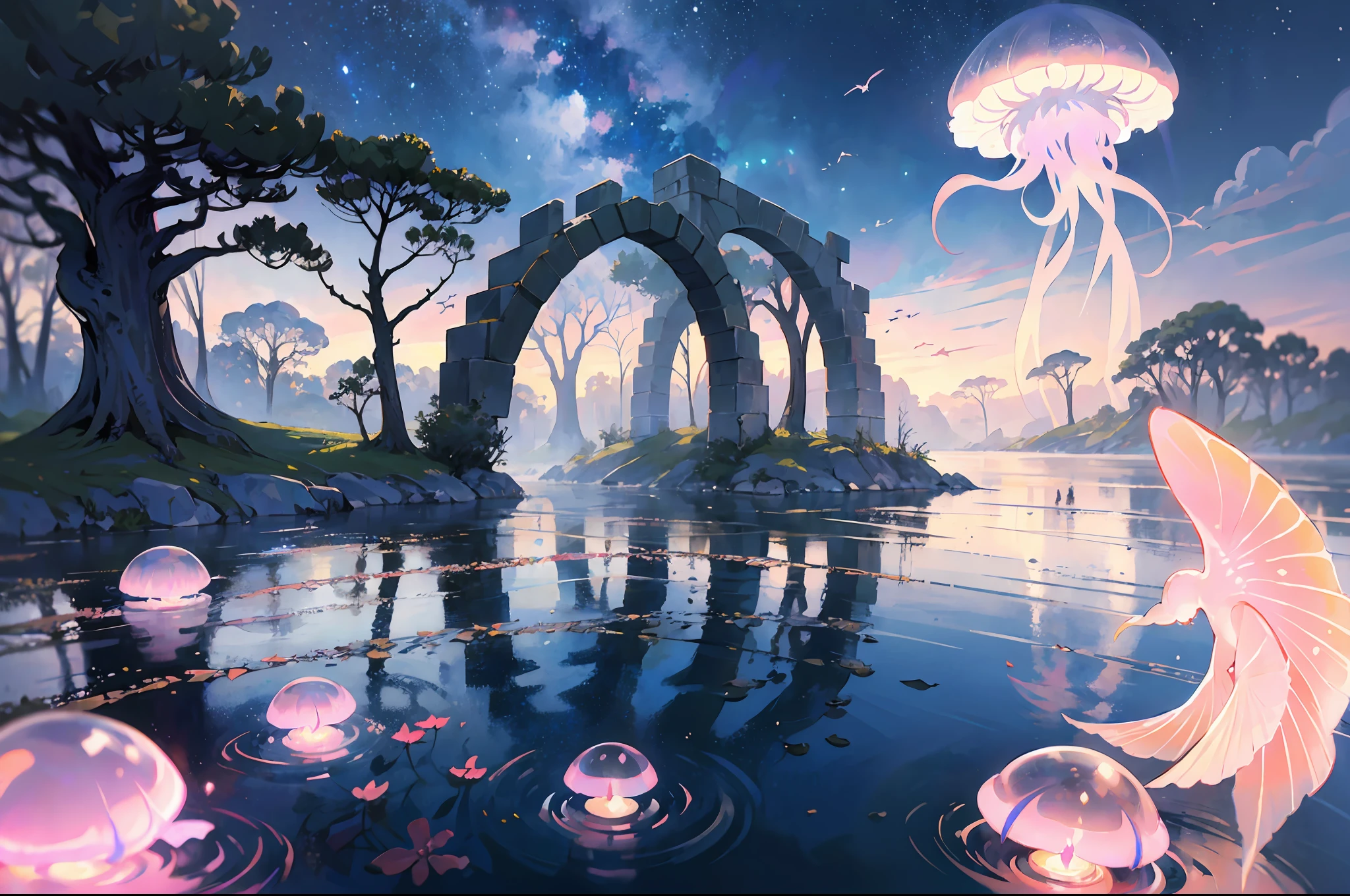 Masterpiece, High Quality, Ocean Forest, City, Fantastic Fantasy, Glowing Plants, Coral Viaduct, (Swarm of Glowing Jellyfish), (Shoal of Fish with Transparent Wings Flying in the Sky), Misty, Extreme Detail, Morning Light, Epic Composition, (Intricate Detail), (Intricate Design, Ultra Detail: 1.2), Art Station, (Masterpiece, Best Quality), Ultra HD, 32k ,castle,1girl