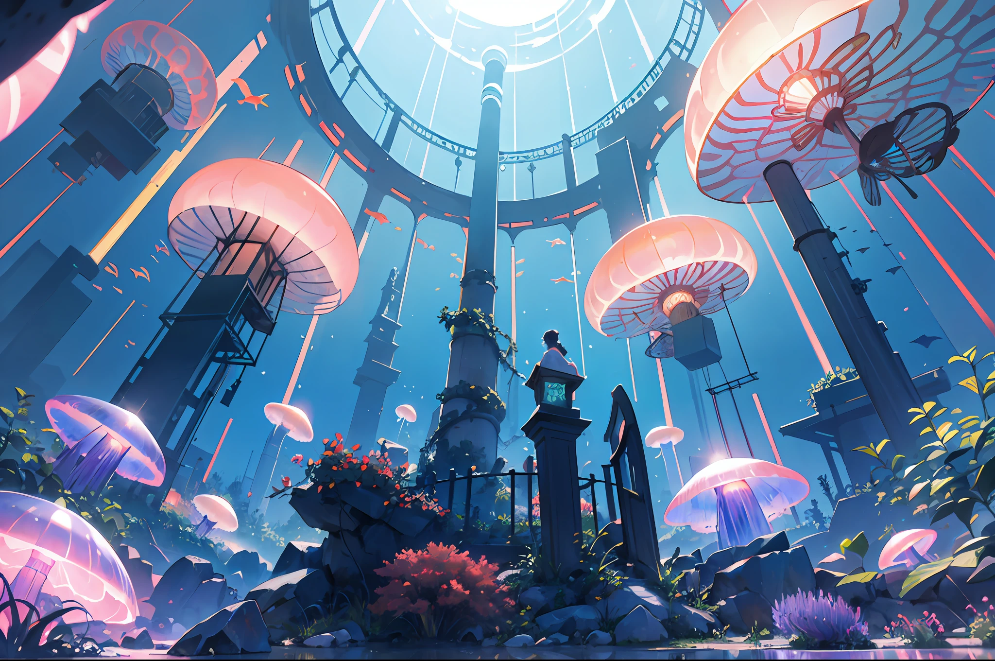 Masterpiece, High Quality, Ocean Forest, City, Fantastic Fantasy, Glowing Plants, Coral Viaduct, (Swarm of Glowing Jellyfish), (Shoal of Fish with Transparent Wings Flying in the Sky), Misty, Extreme Detail, Morning Light, Epic Composition, (Intricate Detail), (Intricate Design, Ultra Detail: 1.2), Art Station, (Masterpiece, Best Quality), Ultra HD, 32k ,castle,1girl