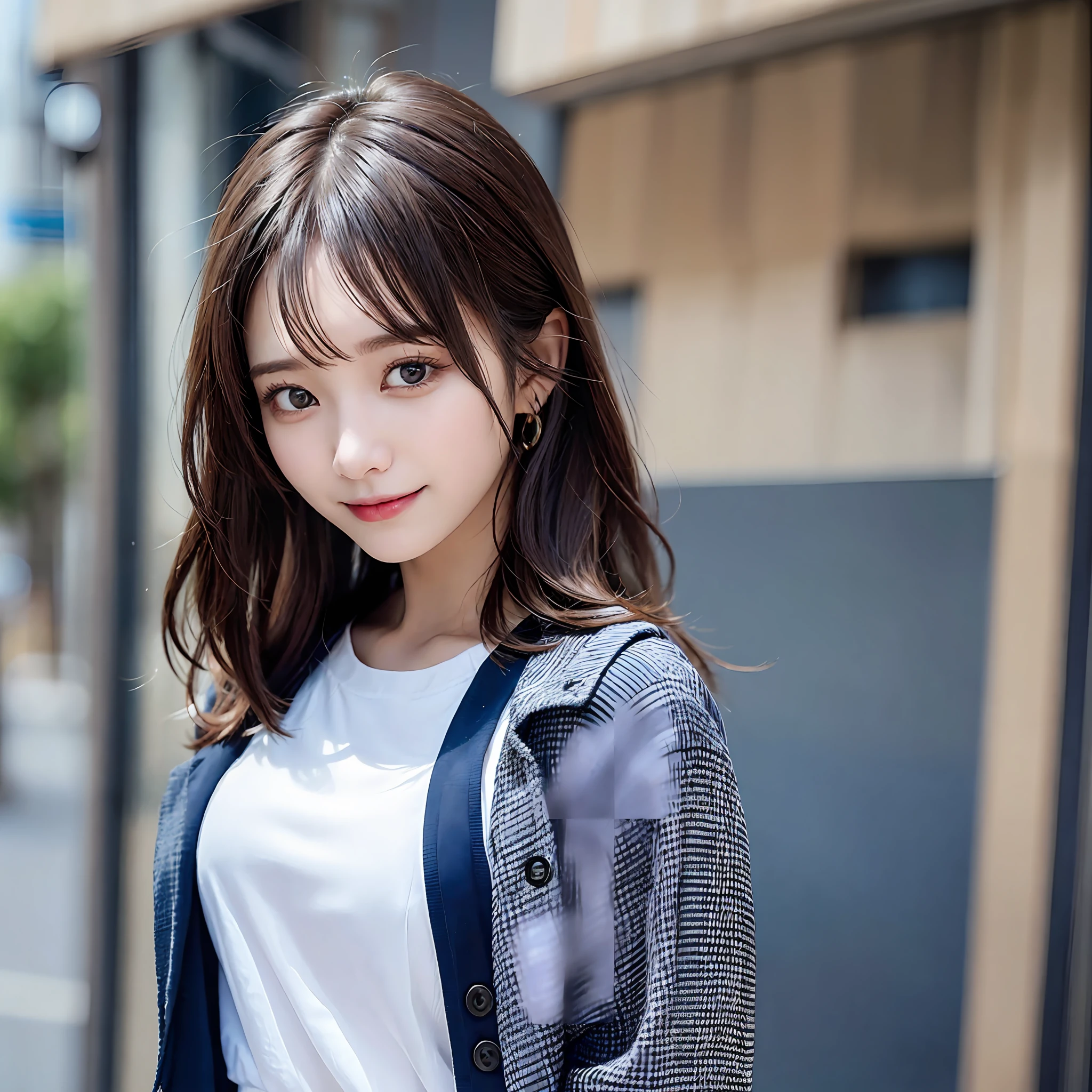 {“query”: “a person”}、((Realistic lighting、top-quality、8K、masterpiece:1.3))、Focus:1.2、1 girl、Perfect figure:1.4、Slim abs:1.1、((dark brown hair))、(Dark blue jacket)、(Dark blue skirt)、(White shirt)、(outside of house、Daytime:1.1)、(Super fine face、A smile)、big eye、24