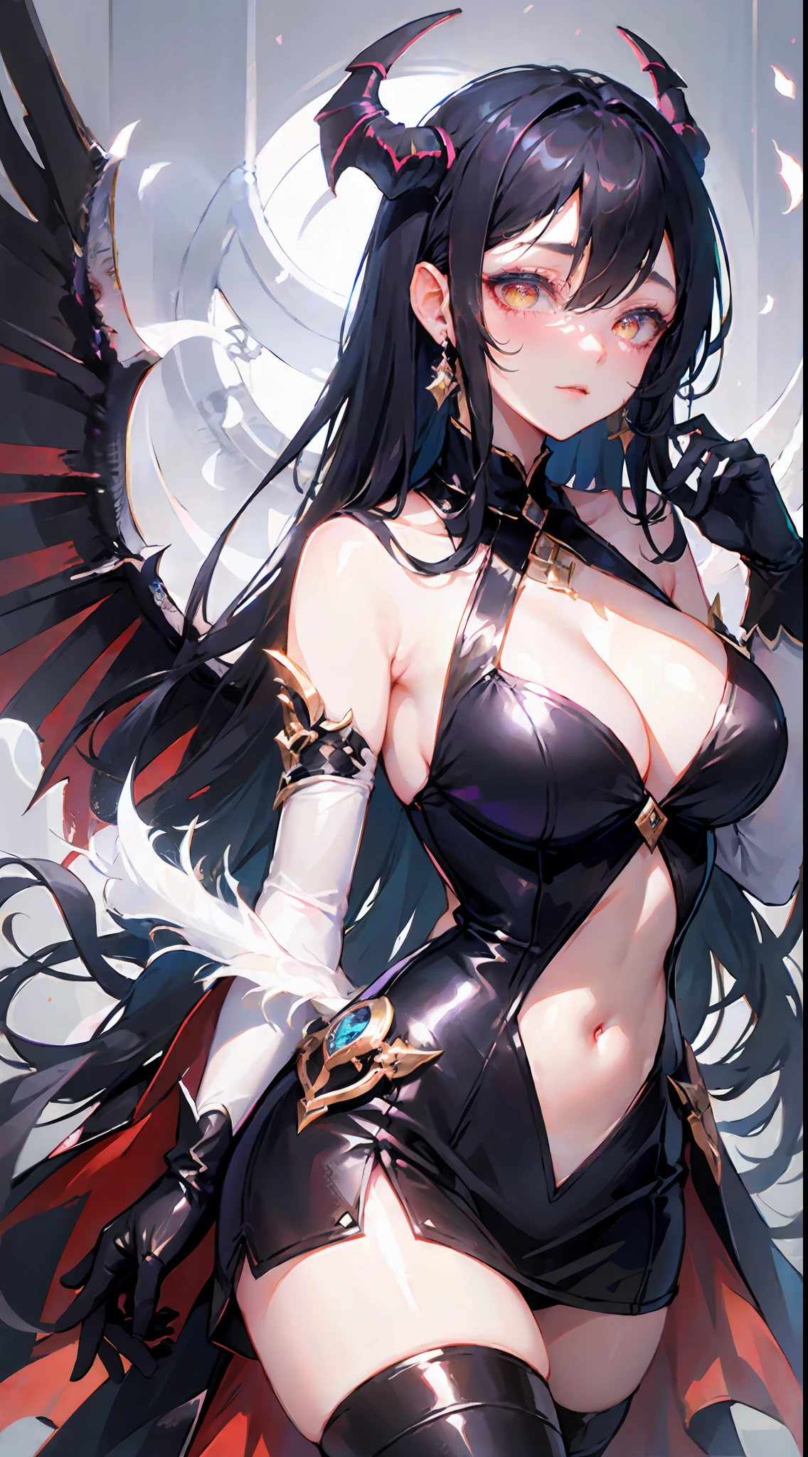1girl, breasts, solo, horns, long hair, albedo (overlord), wings, large breasts, dress, hip vent, black wings, white gloves, gloves, looking at viewer, black hair, white dress, bare shoulders, hair between eyes, yellow eyes, feathered wings, demon horns, smile, feathers, demon girl, cleavage, slit pupils, detached collar, bangs, very long hair, closed mouth, black feathers, cowboy shot, covered navel, elbow gloves, white horns, standing, demon wings ,
