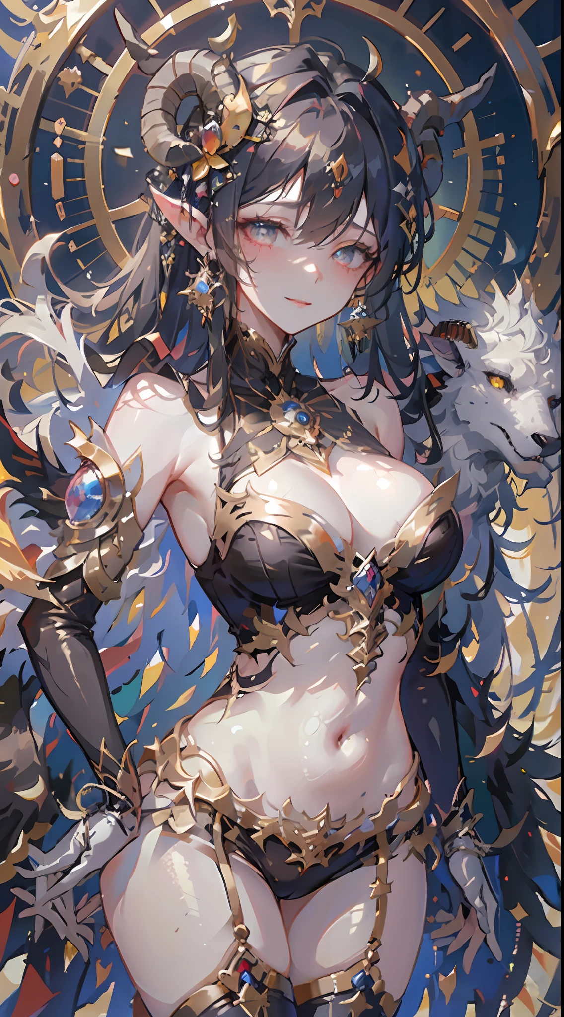 1girl, breasts, solo, horns, long hair, albedo (overlord), wings, large breasts, dress, hip vent, black wings, white gloves, gloves, looking at viewer, black hair, white dress, bare shoulders, hair between eyes, yellow eyes, feathered wings, demon horns, smile, feathers, demon girl, cleavage, slit pupils, detached collar, bangs, very long hair, closed mouth, black feathers, cowboy shot, covered navel, elbow gloves, white horns, standing, demon wings ,