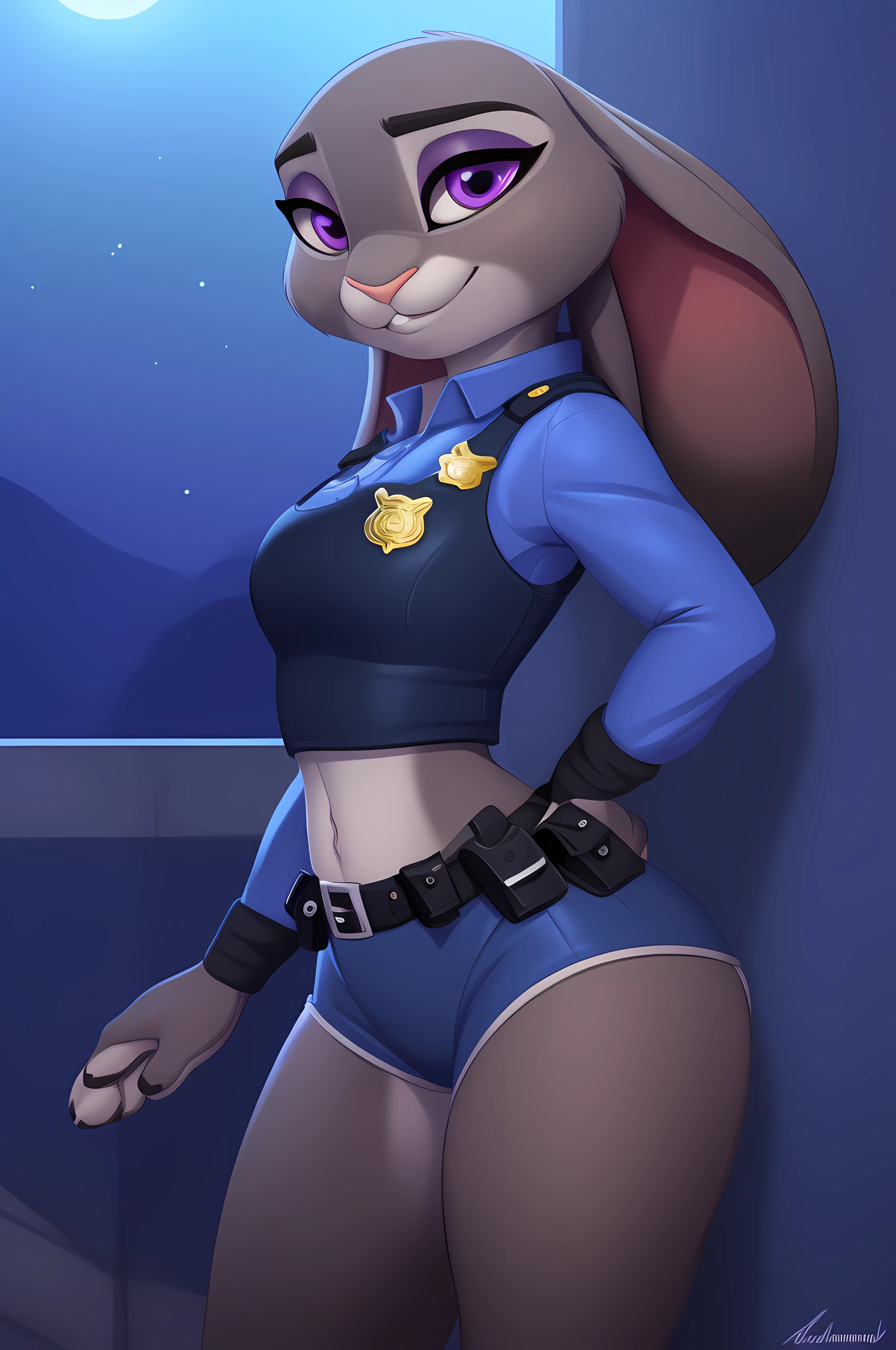 melhor qualidade, obra-prima, solo, 1girl, JudyHopps,(arte peluda, carregada em e621:1.4), (obra-prima:1.3), (melhor qualidade:1.2),(2D:1.0), ( (illustation:1.0), (Sharp:1.2), (night_environment), police uniform, coxa grossas, cintura fina, seios pequenos, (contorno do mamilo), (dedo de camelo), (olhando lascivamente para o espectador), 1girl
