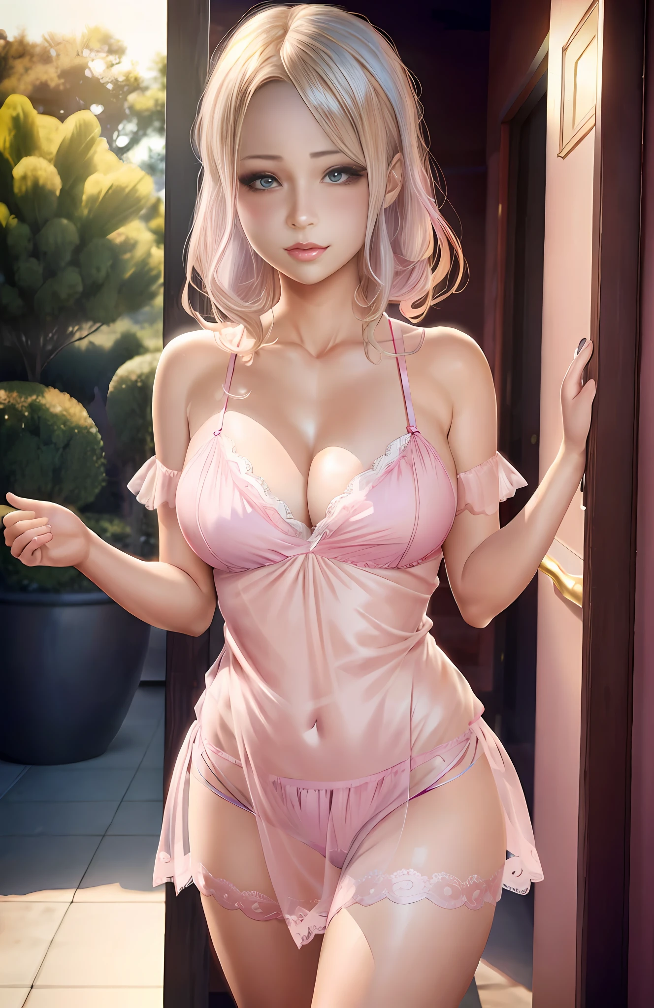 sexy woman in pink lingerie posing in front of a door, photorealistic anime girl render, 3 d anime realistic, realistic anime 3 d style, seductive anime girl, photorealistic perfect body, beautiful alluring anime woman, deviantart artstation cgscosiety, smooth anime cg art, hyper realistic anime, realistic shaded perfect body, ultra realistic picture, photorealistic anime, accurate (beautiful open handed) realistic hands, 4 individual fingers and 1 individual thumb, correct amount of digits on each hand