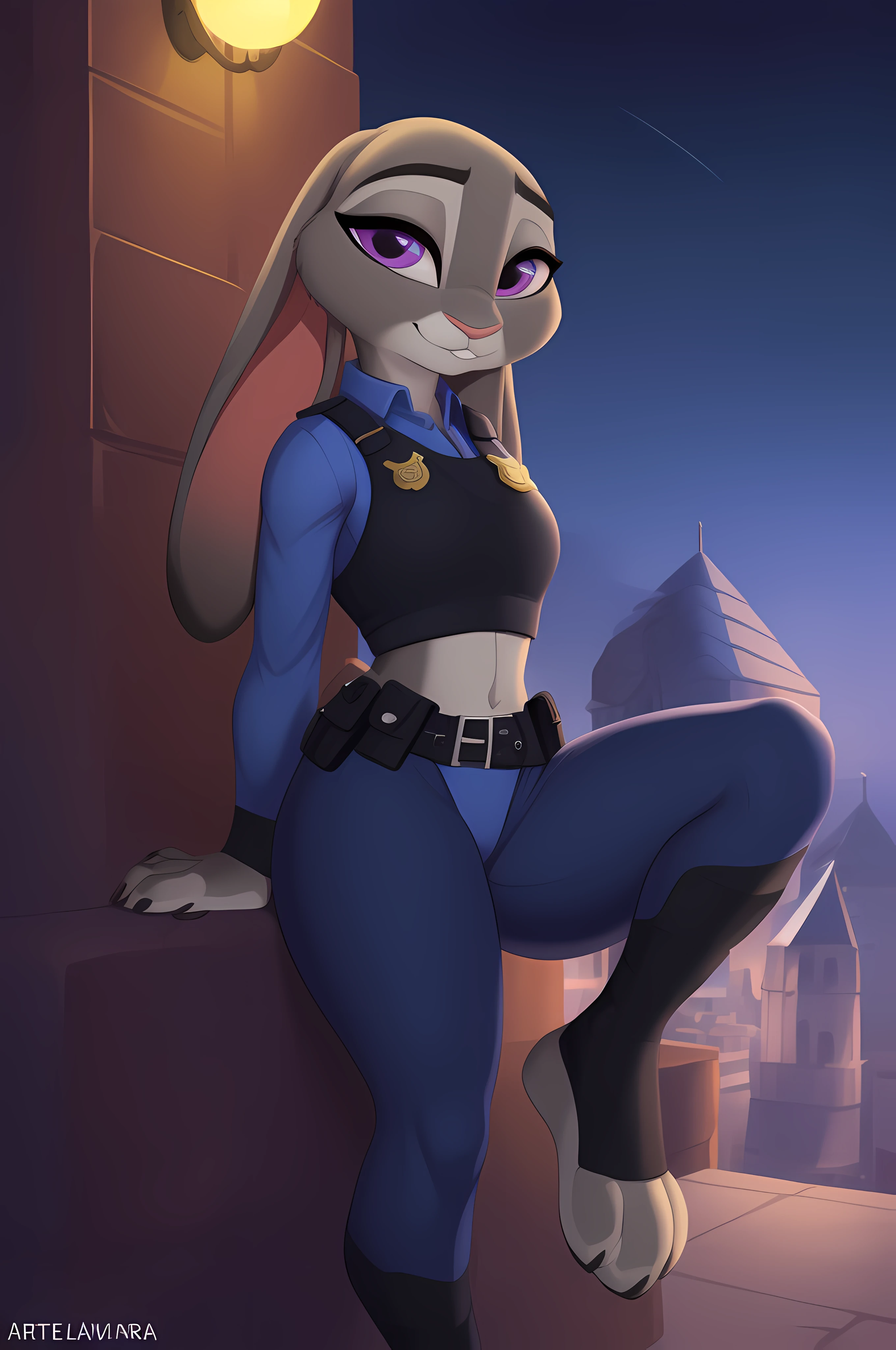 melhor qualidade, obra-prima, solo, 1girl, JudyHopps,(arte peluda, carregada em e621:1.4), (obra-prima:1.3), (melhor qualidade:1.2),(2D:1.0), ( (illustation:1.0), (Sharp:1.2), (night_environment), police uniform, coxa grossas, cintura fina, seios pequenos, (contorno do mamilo), (dedo de camelo), (olhando lascivamente para o espectador), 1girl