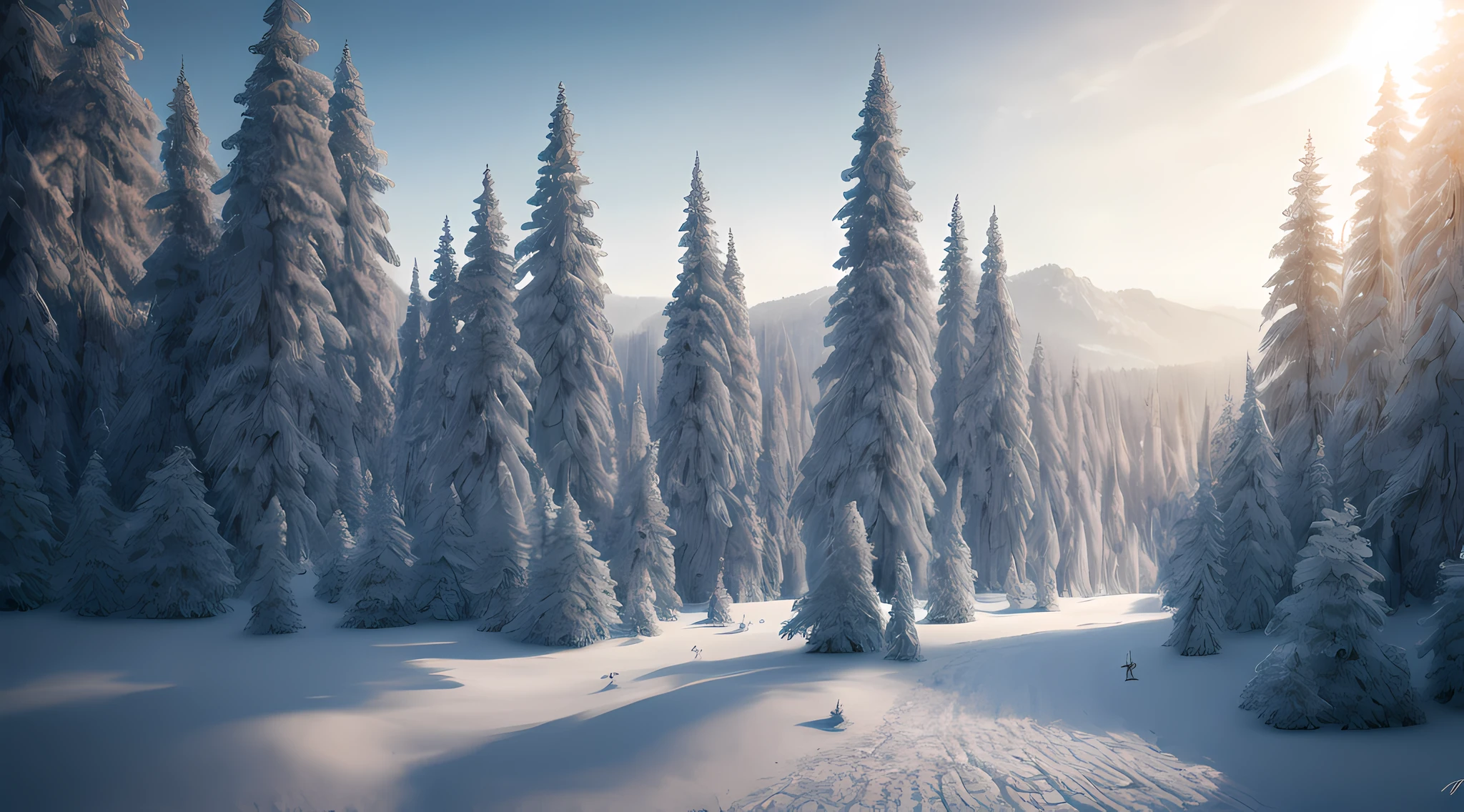 Masterpiece, best quality, high quality, extremely detailed CG unity 8k wallpaper, vast and quiet coniferous forest stretching to the horizon, lush green trees harmoniously gathered together, fresh breeze whispering through the leaves, frozen ground Topped with crystal snow, creating stunning peaceful landscapes, bokeh, depth of field, HDR, bloom, chromatic aberration, photorealism, highly detailed, trending on artstation, trending on CGsociety, intricate, high detail, dramatic, art by midjourney