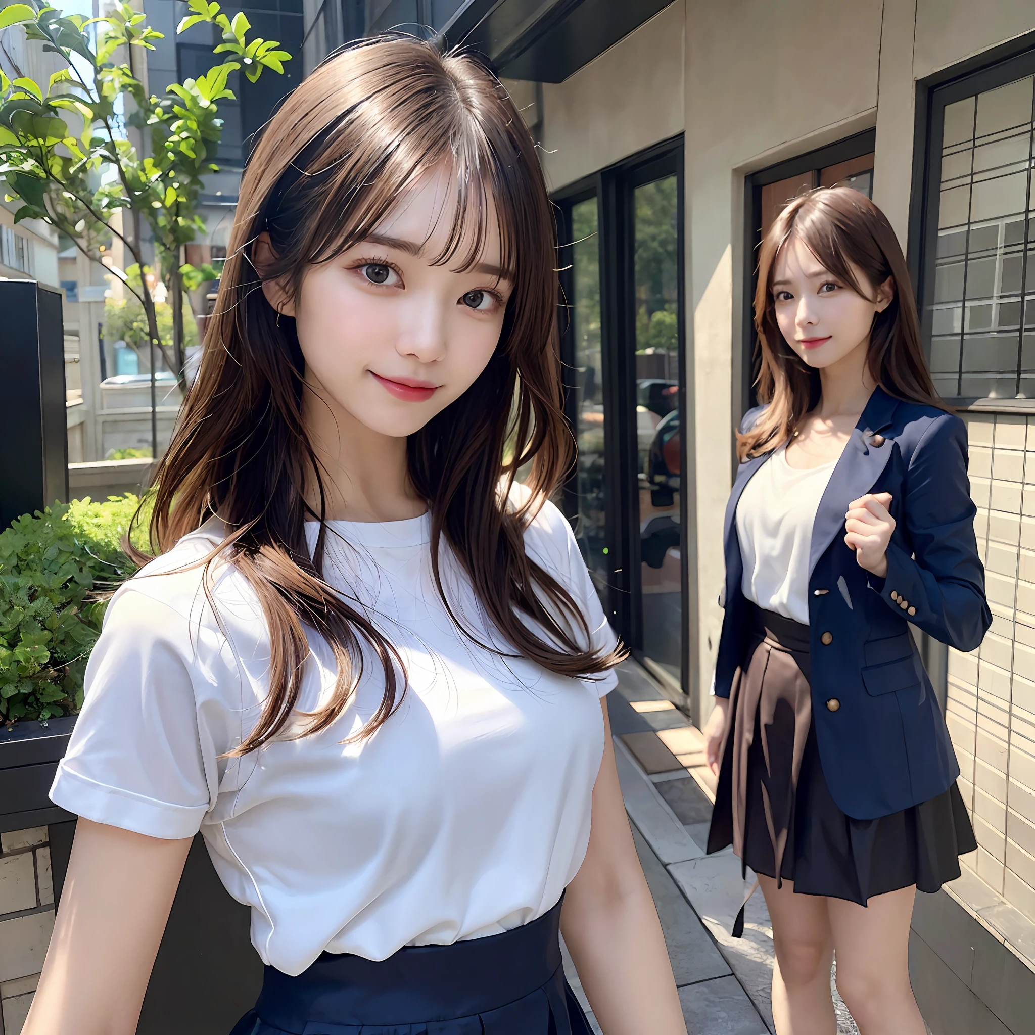 {“query”: “a person”}、((Realistic lighting、top-quality、8K、masterpiece:1.3))、Focus:1.2、1 girl、Perfect figure:1.4、Slim abs:1.1、((dark brown hair))、(Dark blue jacket)、(Dark blue skirt)、(White shirt)、(outside of house、Daytime:1.1)、(Super fine face、A smile)、big eye、24