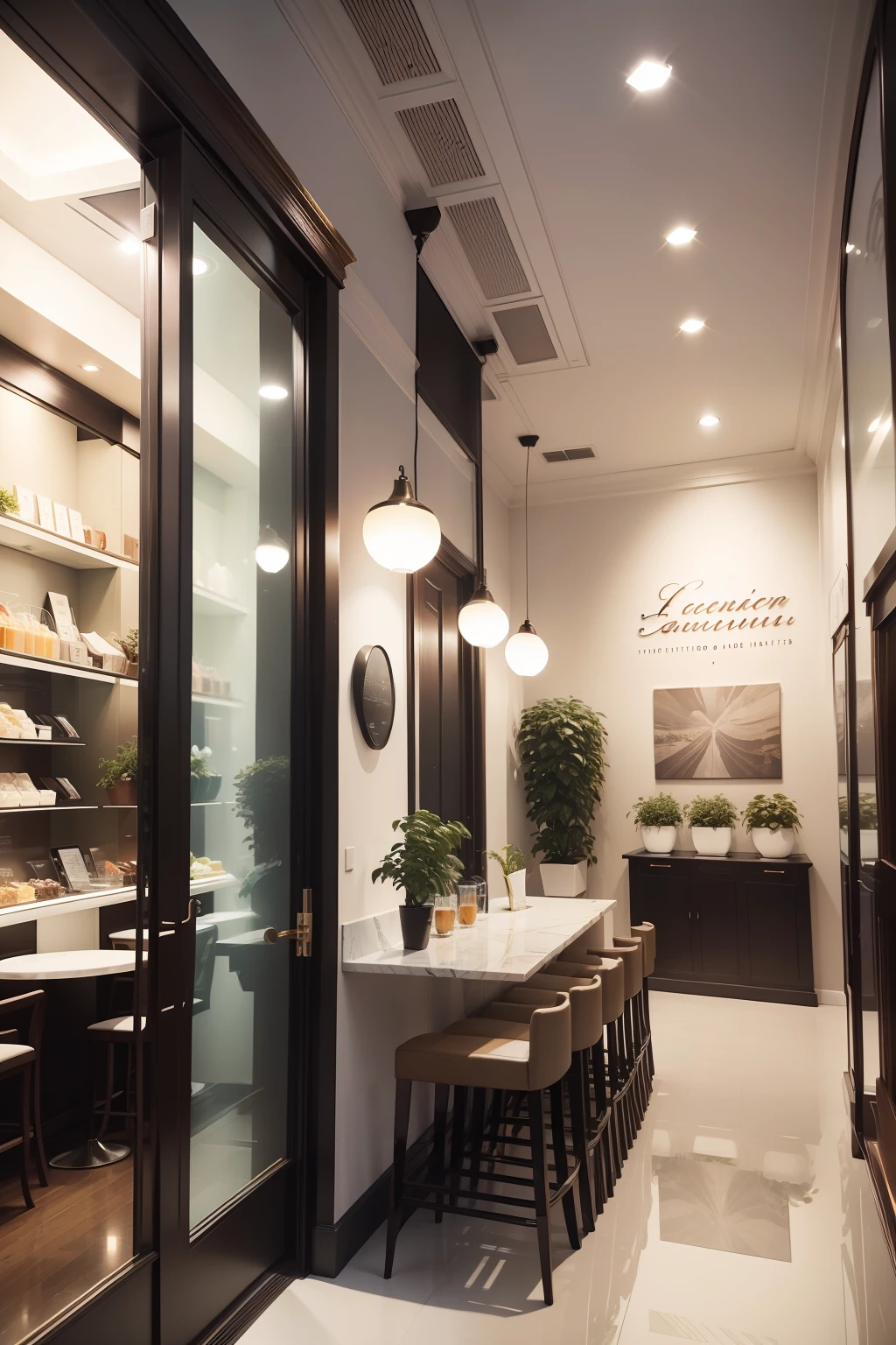 Entrance:
The entrance of the modern Italian gelato specialty store features a sleek and stylish design. Large glass doors lead customers into a well-lit space with a blend of Italian and contemporary aesthetics. The store's name and logo are elegantly displayed on an LED screen, exuding sophistication.
Gelato Bar:
As customers step inside, they are greeted by a stunning gelato bar with a polished marble surface. Modern, transparent gelato containers showcase the array of luscious gelato flavors, creating a visually captivating display. LED lights softly illuminate the gelato, adding to the modern ambiance.
Interior Design:
The interior design embraces modernity with a touch of Italian charm. The walls are adorned with tasteful Italian-themed artwork, combining classical elements with abstract modern art. The color scheme features a mix of warm neutrals and vibrant accents to create an inviting atmosphere.
Seating Area:
The seating area features a combination of high-top tables with chic bar stools and cozy booths with plush cushioned seating. The tables have sleek marble or wood finishes, complementing the contemporary style. Elegant pendant lights hang above the tables, providing soft and warm lighting.
Digital Menu Boards:
Modern digital menu boards are strategically placed throughout the store, displaying mouth-watering images of gelato flavors and their ingredients. Customers can interact with the touch-screen displays to view detailed descriptions and nutritional information.
Greenery and Plants:
Subtle touches of greenery and potted plants add a refreshing and organic feel to the interior. Planters with fresh herbs are placed strategically, infusing the air with a delightful aroma that complements the gelato experience.
Ambient Music:
Soft and modern Italian music plays in the background, enhancing the overall ambiance and providing a relaxing atmosphere for customers to enjoy their gelato.