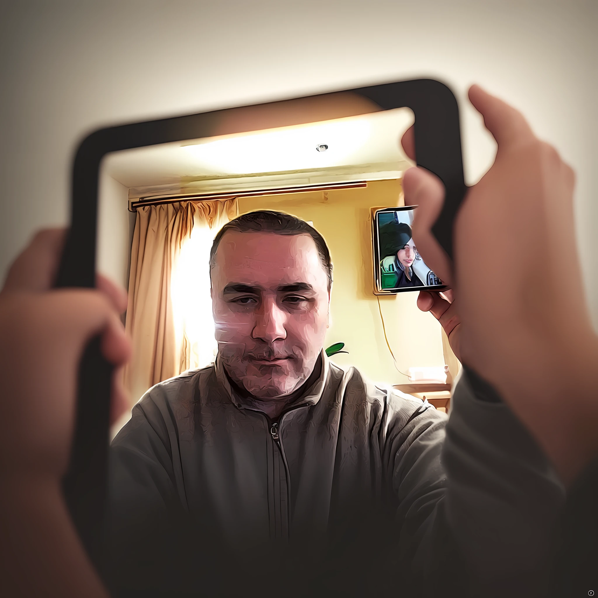There is a man, who takes a selfie with the camera, digital arts, but the photo, NFT Portrait, frontal picture, selfie photography 8k, Enchev Fill, Self-portrait with artificial intelligence, foto realista, Drawn with Photoshop, taking selfies, facing the viewer, selfie photo, digital arts, on front, facing the camera, Photo realisitc, Snapchat Photos