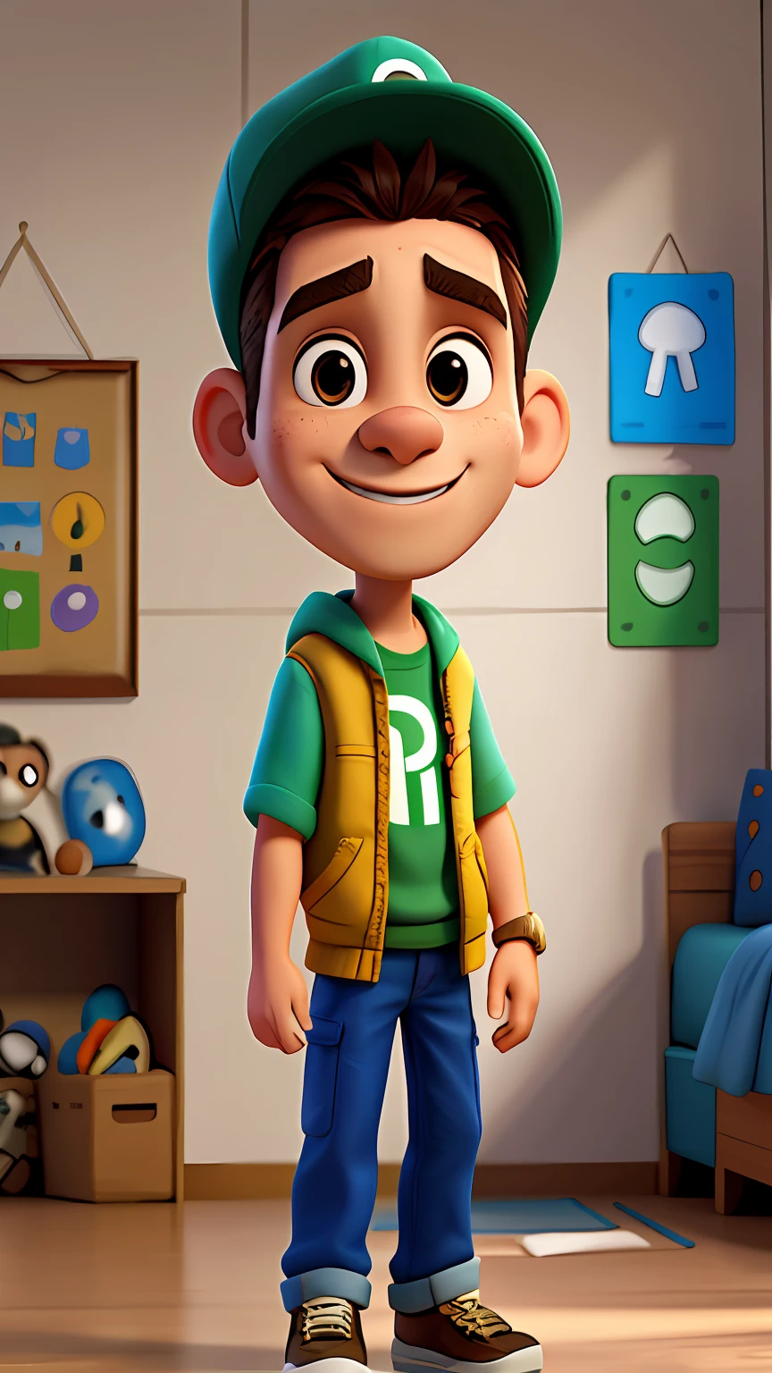 Retrato de um jovem de 20 anos com roupa hip hop, with gold cord, cap back, bigode fino, olhos puxados, meio corpo, olhando para o telespectador, sorrindo, estilo chibi, cenario de cozinha, fundo desfocado, profundidade de campo, detalhado, desenho animado, desenho com tracos do desenhista alex ross, unreal engine, 8k