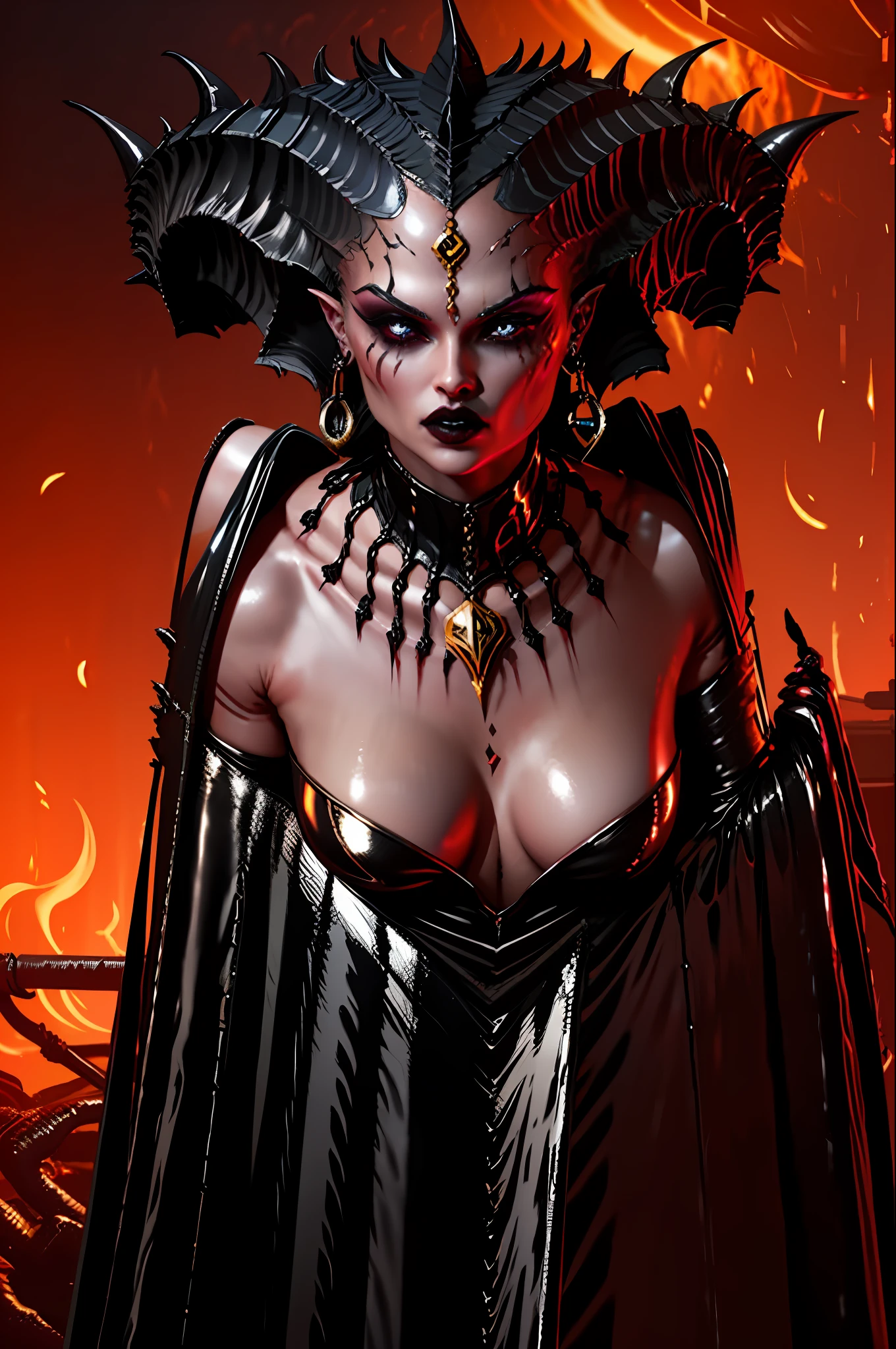 Lilith, (in Lipstick), ((Wearing Tight Slim Deep Black Ultra Glossy Shiny Metallic Latex Metallic Saree)), fire, blood, whole body, in the style of D14bl0 red dramatic lights