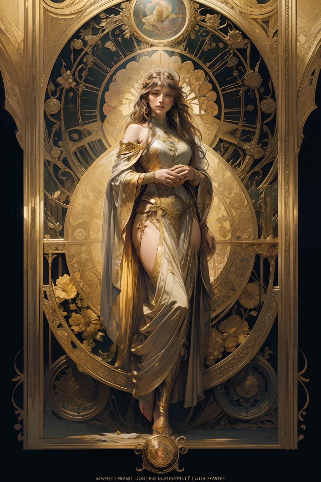 tarot card layout,Best quality, Masterpiece, (Realistic:0.6), Realistic lighting,Flower frame, Decorative panels, abstract artistic, Alphonse Mucha (tmasterpiece, best qualtiy, A high resolution: 1.4), A detailed, Complicated details, 4K,Wheel of Fortune,golden colored,Solid