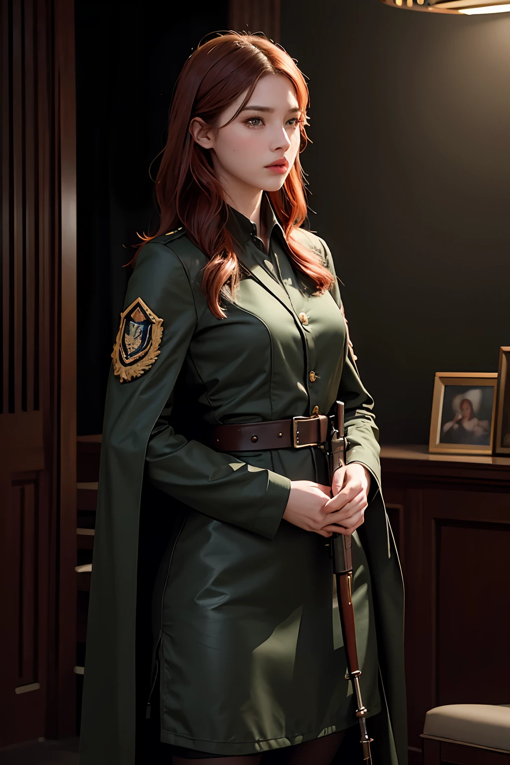 1girl, (photorealistic)++, beautiful lighting, masterpiece++, best quality++, realistic, full body portrait, real picture, intricate details, depth of field, 1girl, A very muscular solider girl with red hair holding a rifle, dark green camo military uniform, long camo cape, holding a assault rifle, m4a1, inside a forrest, highly-detailed, perfect face, blue eyes, lips, wide hips, small waist, tall, make up, Fujifilm XT3, professional majestic photograph by Ed Blinkey, Atey Ghailan, Studio Ghibli, by Jeremy Mann, Greg Manchess, Antonio Moro, trending on ArtStation, trending on CGSociety, Intricate, High Detail, Sharp focus, dramatic, photorealistic painting art by midjourney and greg rutkowski , RAW photo, 8k uhd, film grain, black dress