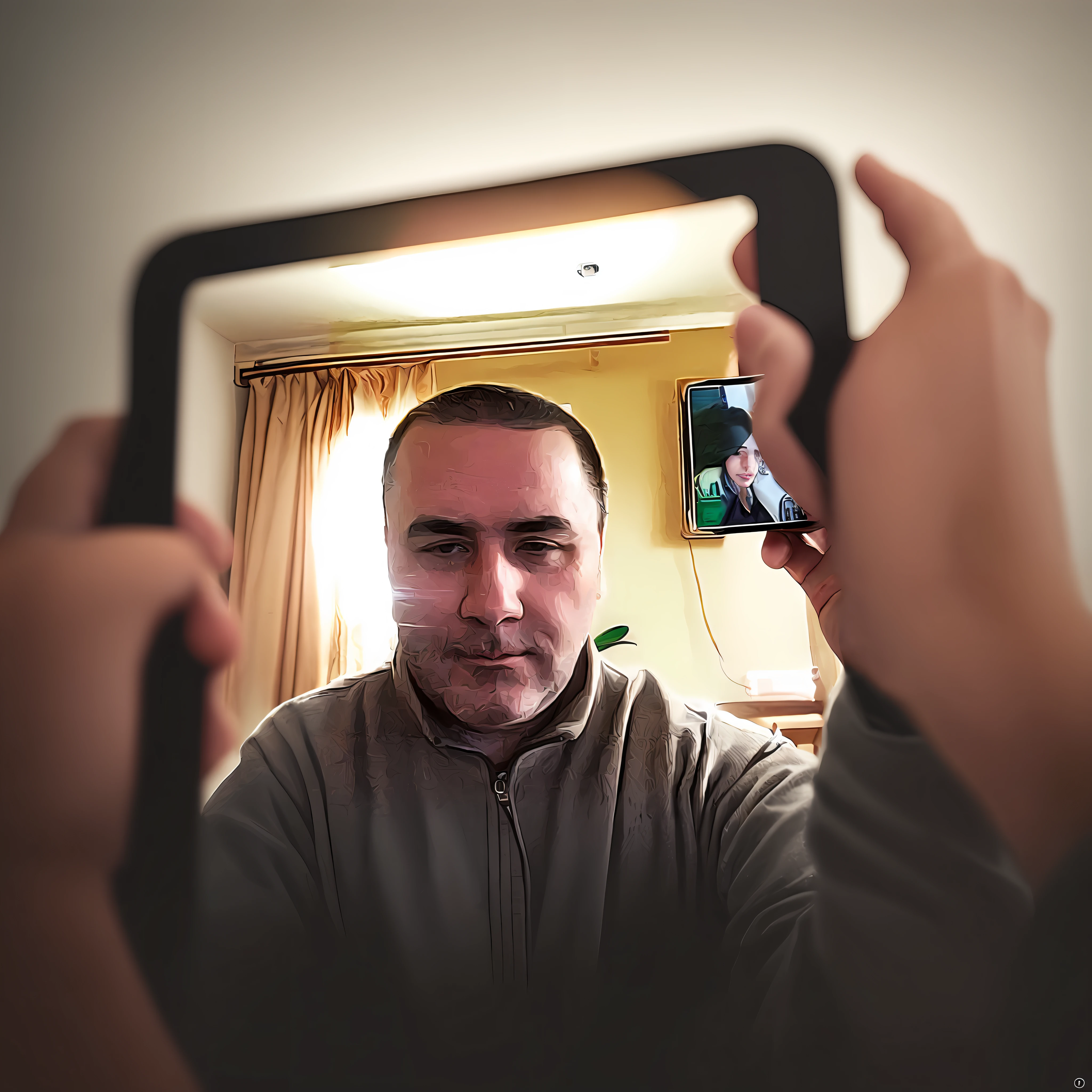 There is a man, who takes a selfie with the camera, digital arts, but the photo, NFT Portrait, frontal picture, selfie photography 8k, Enchev Fill, Self-portrait with artificial intelligence, foto realista, Drawn with Photoshop, taking selfies, facing the viewer, selfie photo, digital arts, on front, facing the camera, Photo realisitc, Snapchat Photos