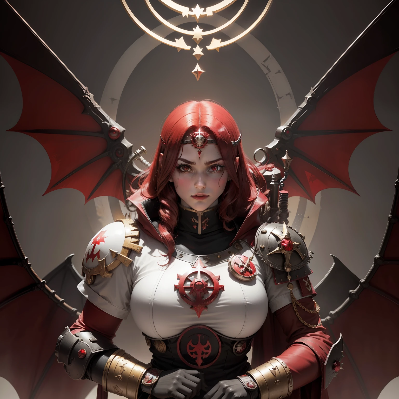 A warhammer 40k chapter symbol. A red blood drop with bat wings besides it and a angelic halo. For adepta sororitas. Holy. No humans. White background. Simple background.