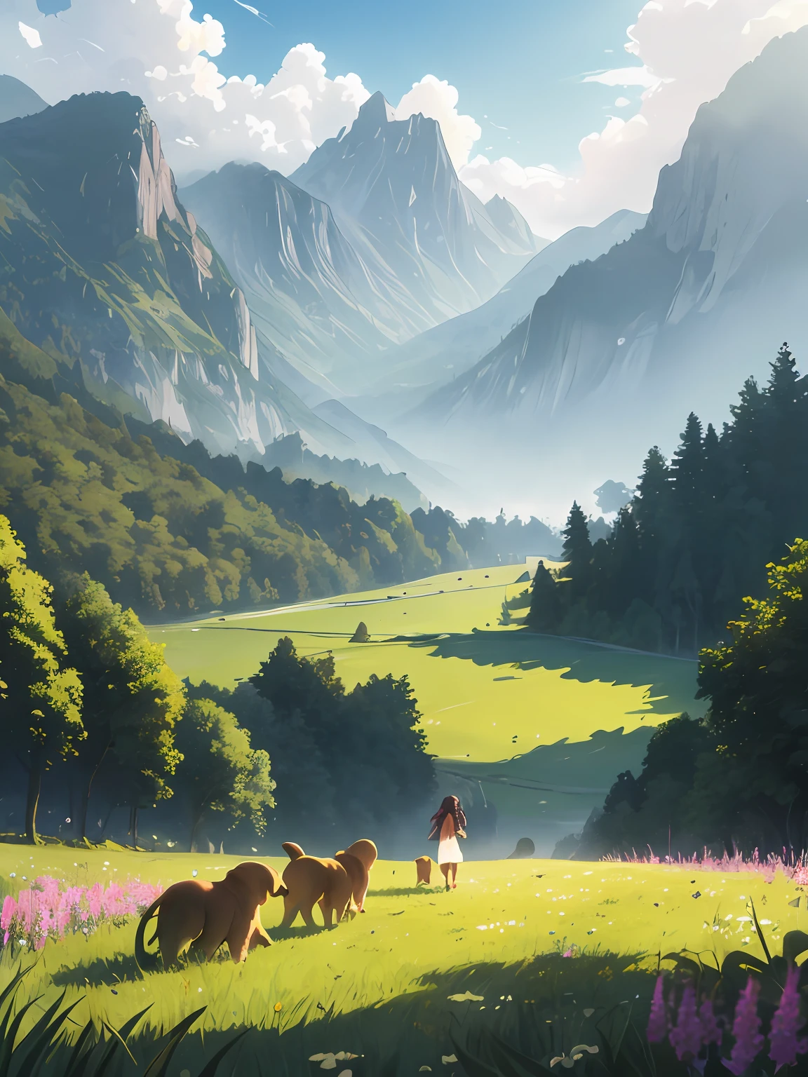 In a green meadow stands a girl leading a group of puppies.
BREAK
With a brave expression, she guides them towards their destination.
BREAK
Behind her, a green forest stretches out and beyond that, mountains rise in the distance.
BREAK
The most suitable effect for this scene would be a watercolor painting technique to capture the softness of the meadow and the fluidity of the movement.