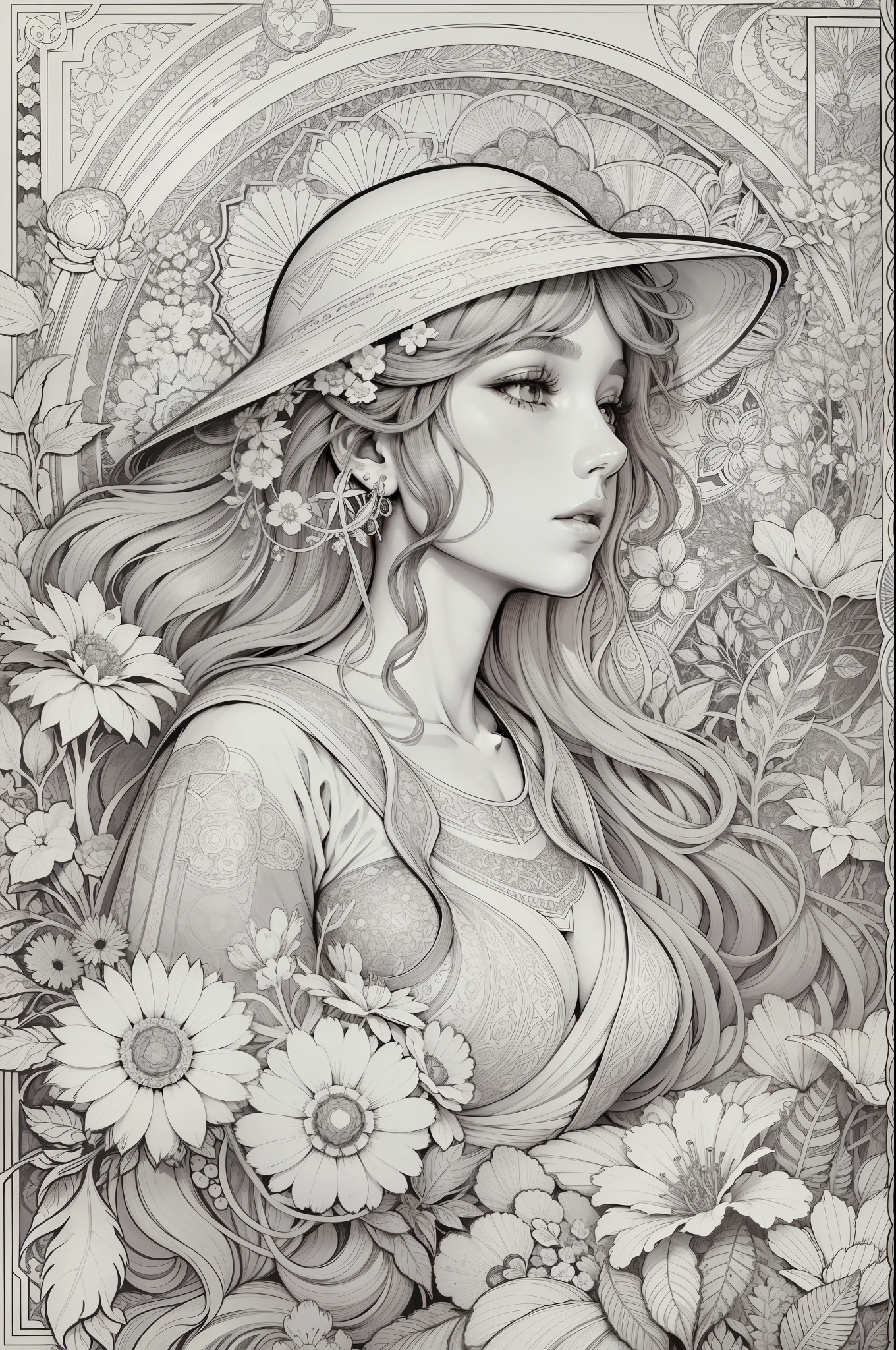 garden, art for coloring book page, full white background, only use outline, line art, coloring book, clean line art, mandala for coloring with nature ornaments, simple and clean line art, coloring book page, adorned in Art Nouveau style, with a stroke of Alfons Mucha's brush, perfect details, real.