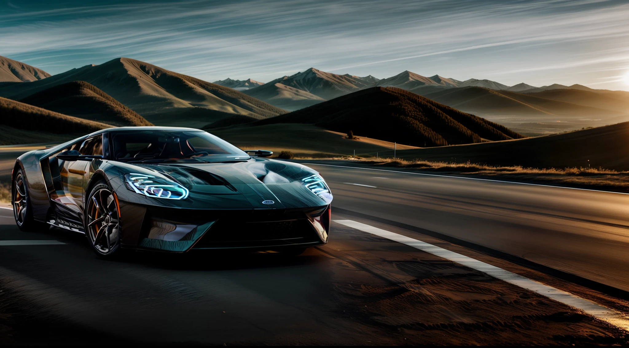 A car photography shoot of a 2024 Ford GT parked on an angle in the middle of the road, behind the car is a long winding road heading towards mountains in the distance, cinematic light, soft light, backlit, micro-details, photorealism, photorealistic