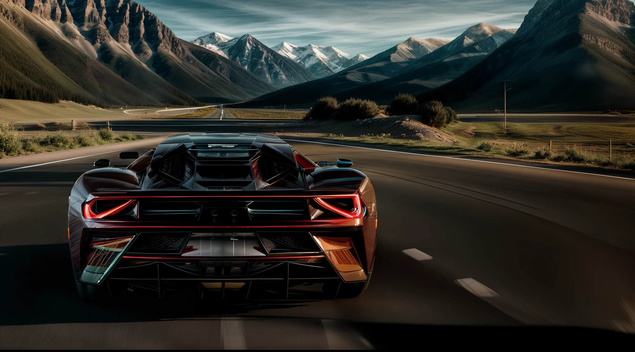 A car photography shoot of a 2024 Ford GT parked on an angle in the middle of the road, behind the car is a long winding road heading towards mountains in the distance, cinematic light, soft light, backlit, micro-details, photorealism, photorealistic