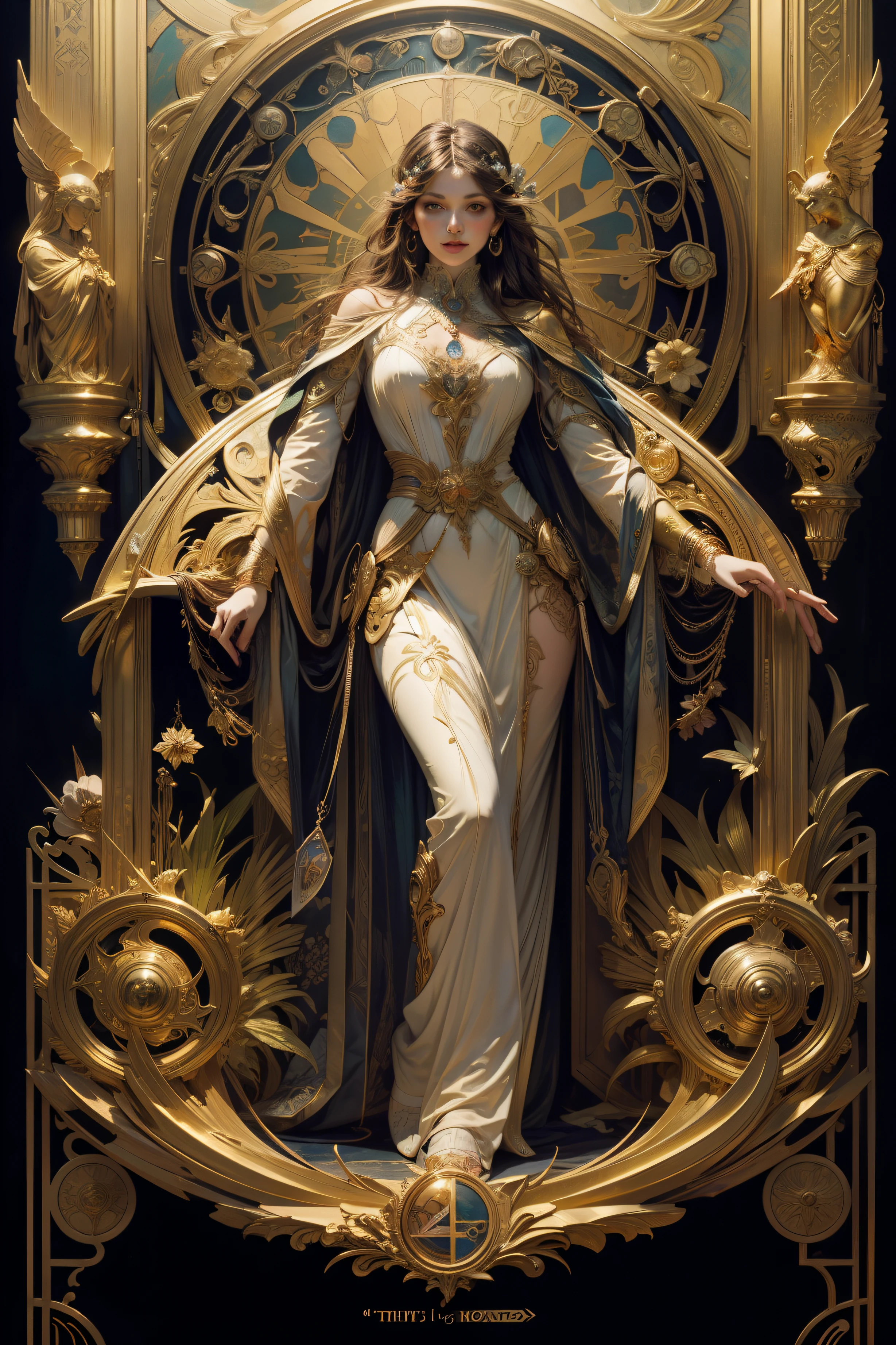 tarot card layout，Best quality, Masterpiece, (Realistic:0.6), Realistic lighting,Flower frame， Decorative panels， abstract artistic， Alphonse Mucha （tmasterpiece， best qualtiy， A high resolution： 1.4）， A detailed， Complicated details， 4K，Wheel of Fortune，golden colored，Solid