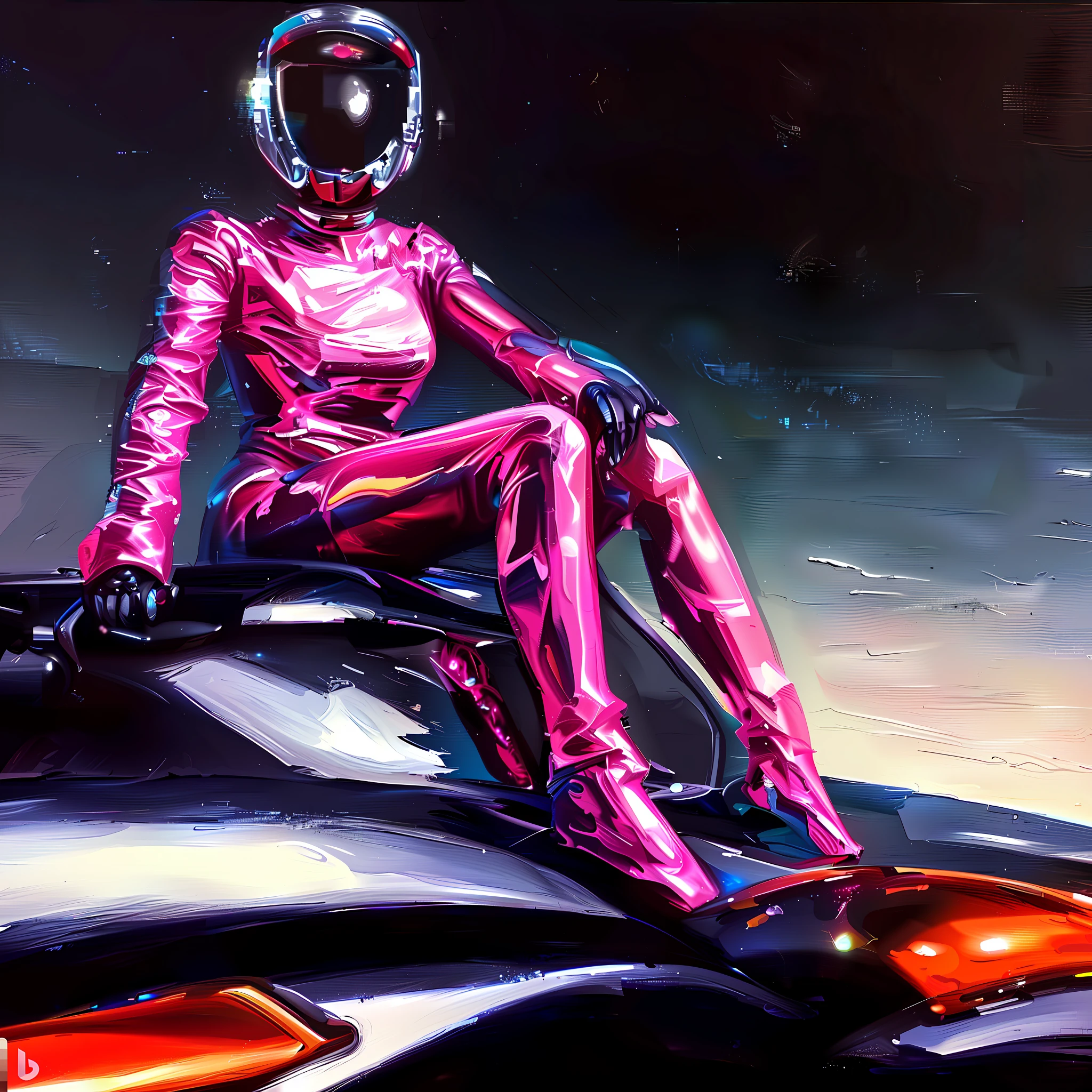 painting of a woman in a pink suit sitting on a motorcycle, inspired by Syd Mead, style of syd mead, in style of syd mead, syd mead style, neon version of style jim burns, syd mead. rich colors, sitting on cyberpunk motorbike, the style of syd mead, syd mead and mark brooks, slick pink armor, hajime sorayama designed girl