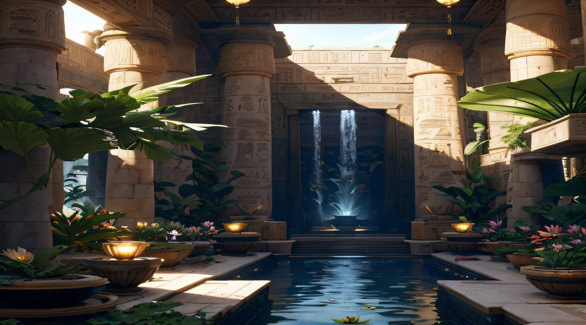 incredible luxurious futuristic interior in Ancient Egyptian style with many (((lush plants))), ((beautiful flowers)), (lotus flowers), ((palm trees)), ((sand)), ((waterfalls)) (marble), clouds and ((water)), (hieroglyphics), (black marble) – with ((beautiful lights)), Unreal Engine, HQ, 16k