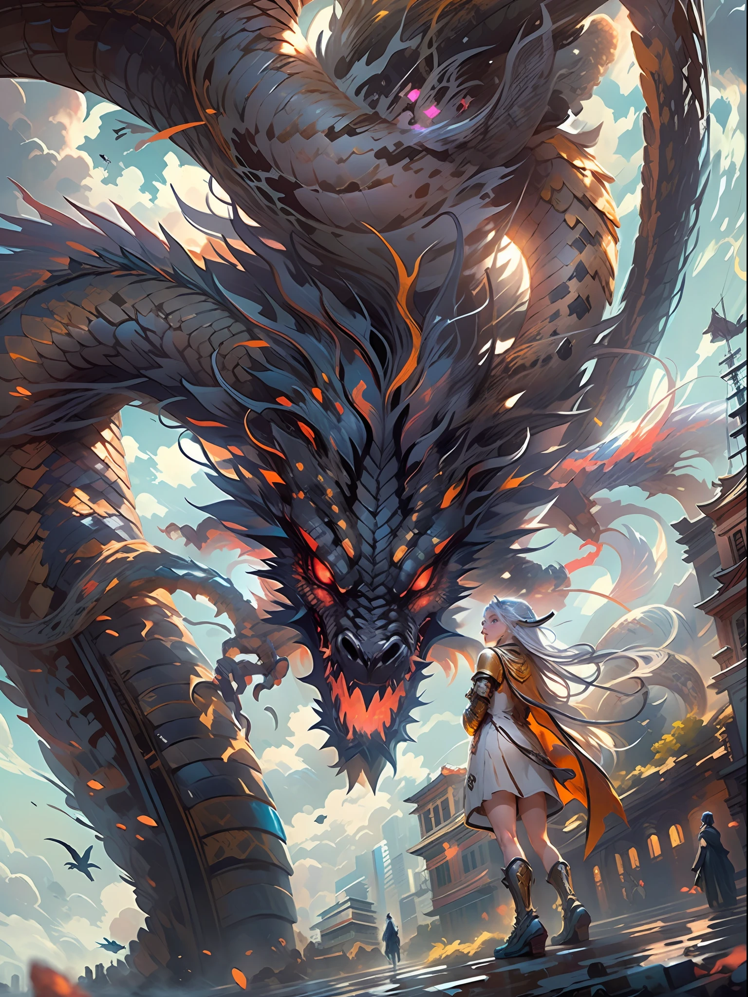 Best quality, masterpiece, super high resolution, no human, (length: 1.2), (fine: 1.2), snake body, long hair, sharp teeth, red eyes, teeth, giant, 1 girl, bird, outdoors, standing, scale, cloud, horn, from behind, armor, sky, open mouth, confrontation, charge, monster, size difference, white hair, buildings, valley, (realistic texture: 1.2), (glowing multicolored scales: 1.2), (realistic details: 1.2), ([front|side] :1.1), HDR, ultra-refined 3D modeling, as magical as the style paintings painted by Tim Burton, Dale Chihuly, Xiaolongcheng, Cyril Rolando and other authors such as Jr. Gigue. Shadows and lighting intertwine to create brilliant effects.