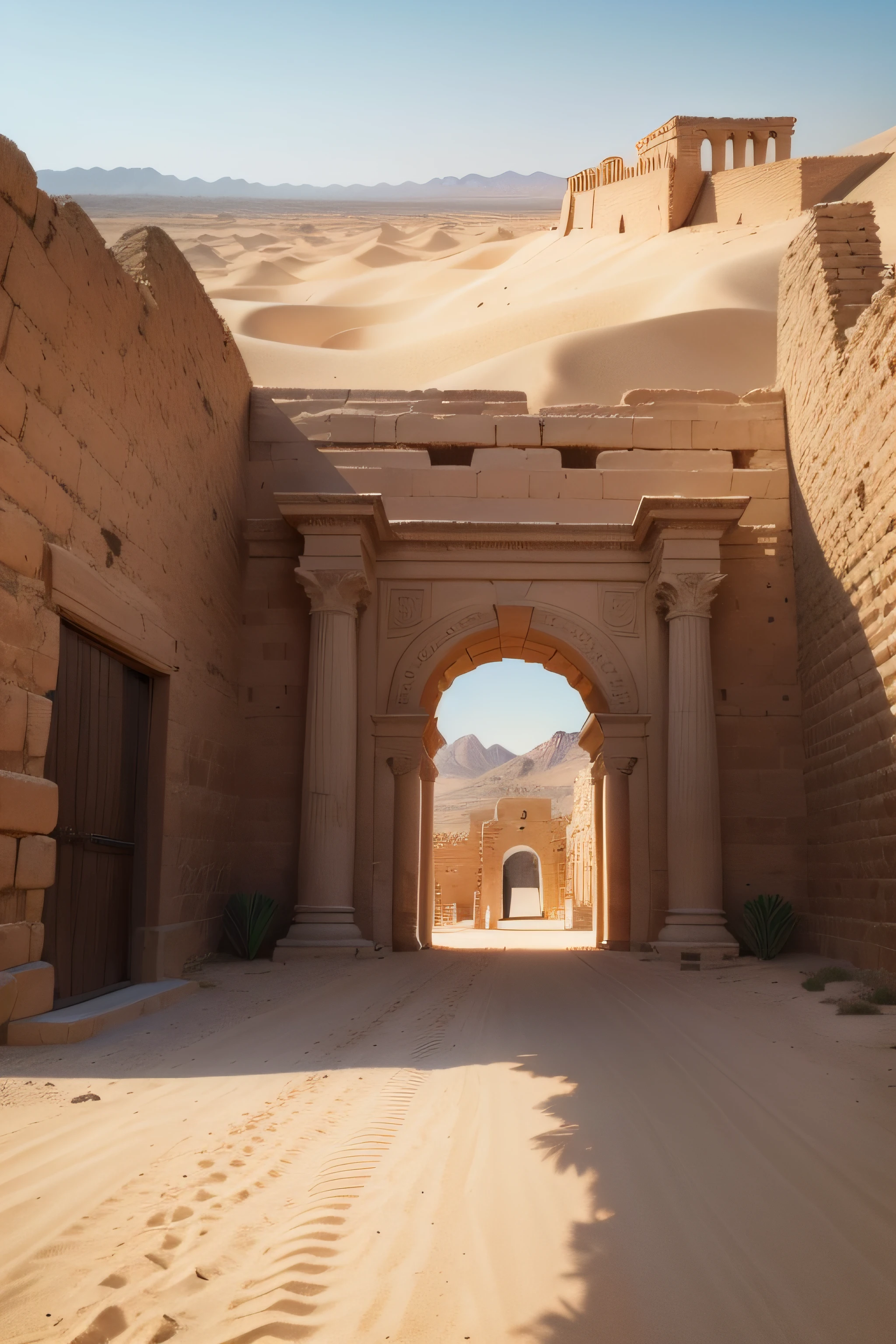 Imagine a desert landscape, with a clear blue sky and golden shades of sand stretching along the horizon. em destaque, stands the imposing wall of the ancient city of Jericho, Made of solid stone and with an impressive height. The wall is of considerable width and features intricate architectural details that reflect the grandeur of the civilization of the time. No centro da muralha, an impressive entrance gate stands out, with ornamental details that indicate its importance. Ao longo da muralha, Guards vigilantes are stationed, dressed in ancient costumes and carrying weapons such as spears and bows, symbolizing the defense and protection of the city. Em torno da muralha, there is the presence of people who live their daily lives, como comerciantes e camponeses, criando uma atmosfera de vida e movimento. Some palm trees and cacti characteristic of the desert region punctuate the landscape, proporcionando um contraste verdejante. This image seeks to portray the historical and cultural grandeur of the Jericho city wall, evoking the sense of mystery and antiquity that surrounds this iconic structure. Front view with a certain distance.