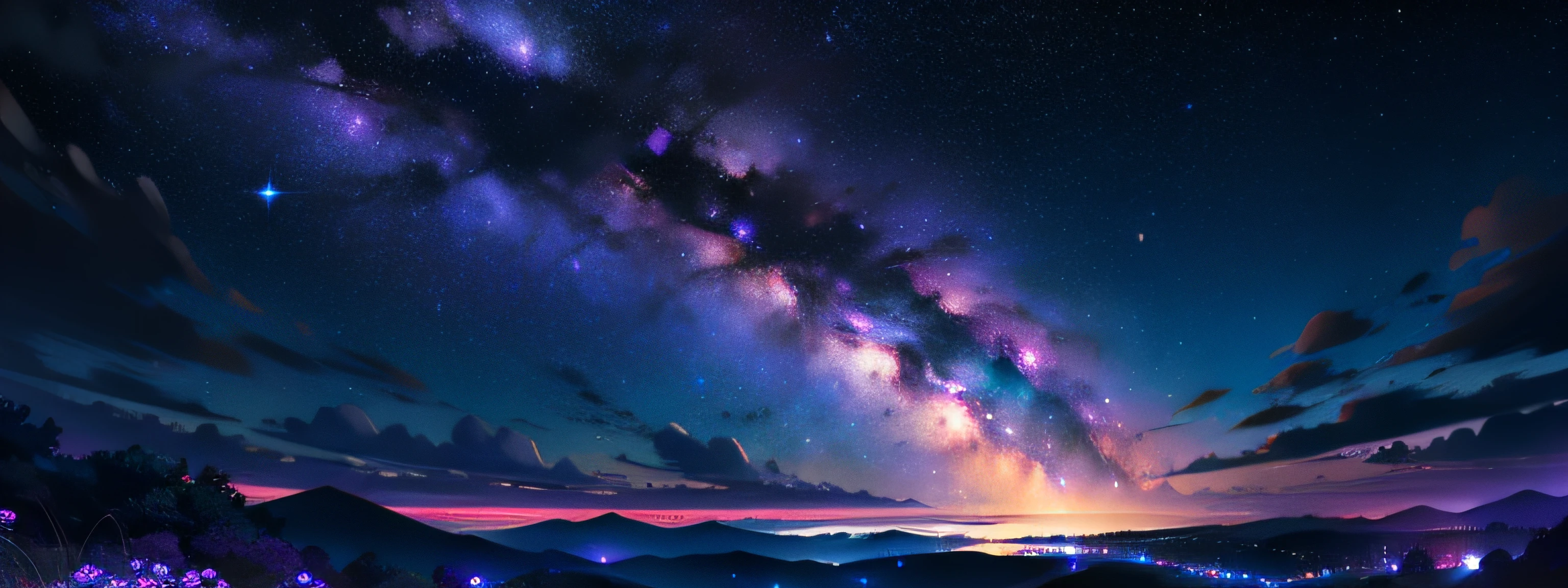 masterpiece, best quality, night sky, cloud, bright colors, purple milky way,