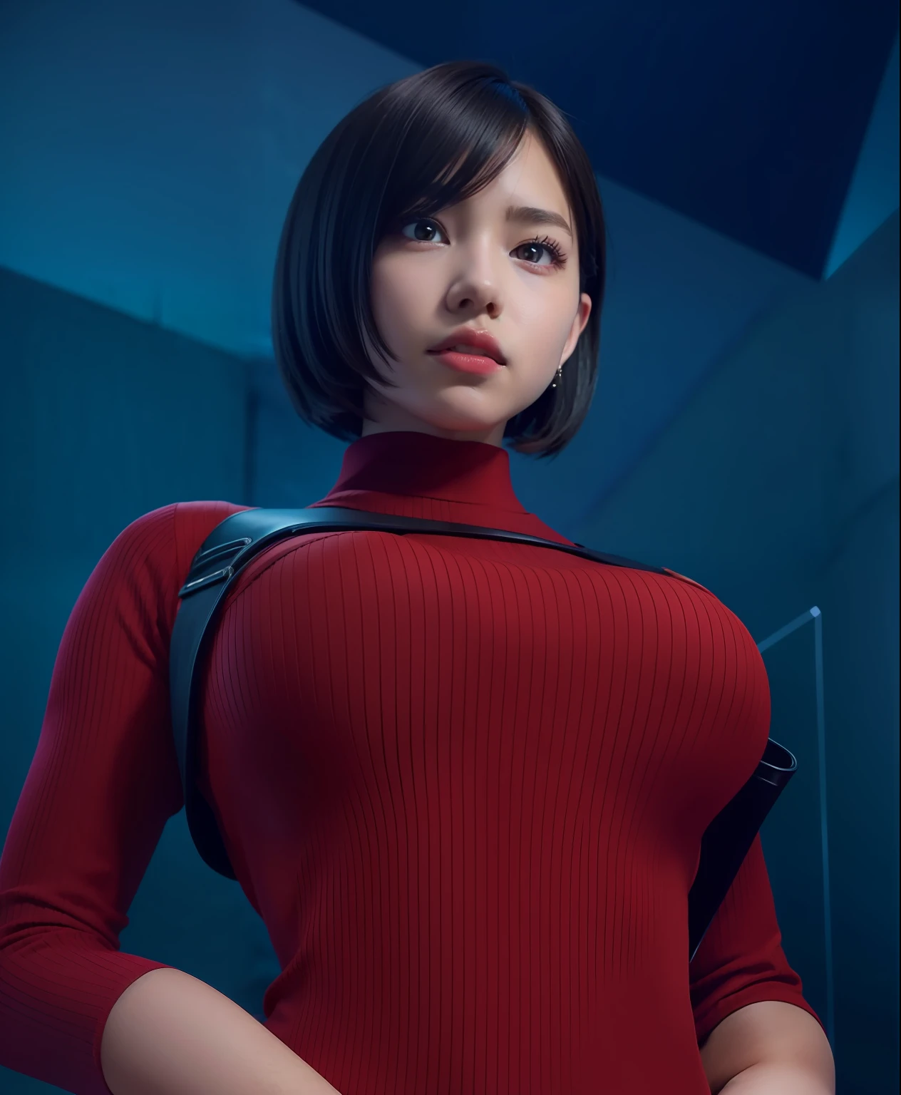 1girl, solo, full body, ultra realistic, look at to camera,short wolf cut hair, big boobs, tight red dress, confised face