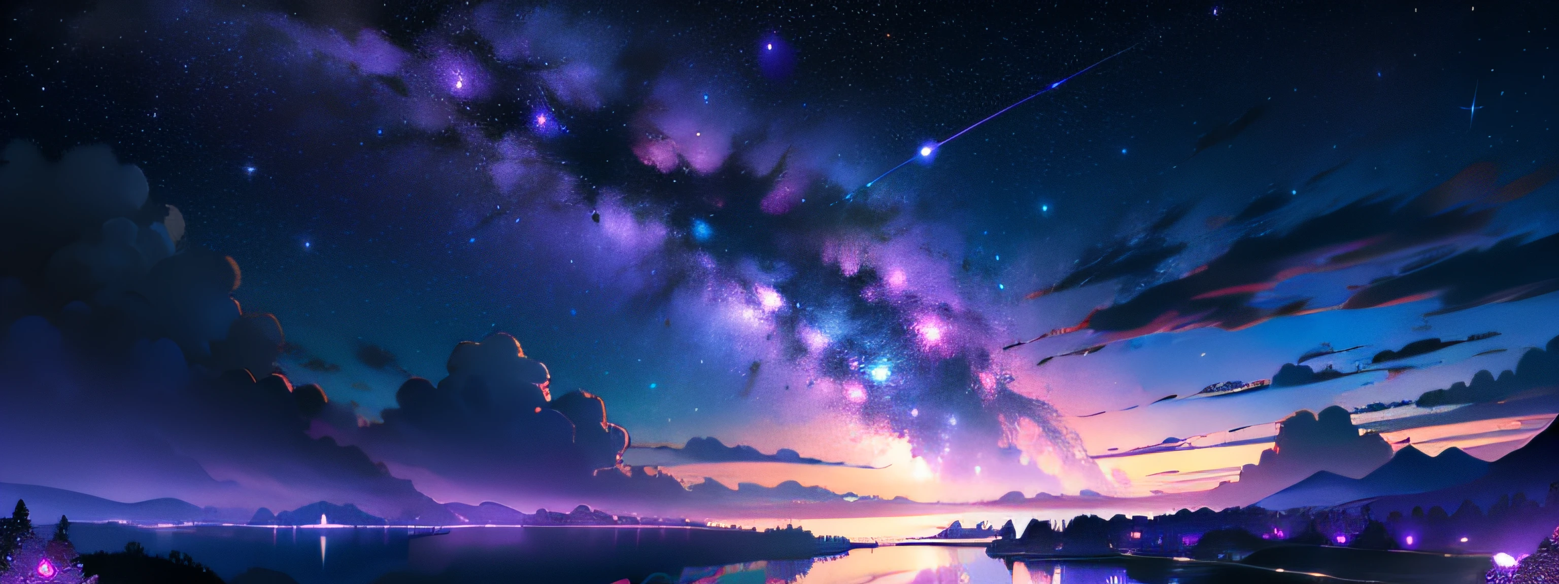masterpiece, best quality, night sky, cloud, bright colors, purple milky way,