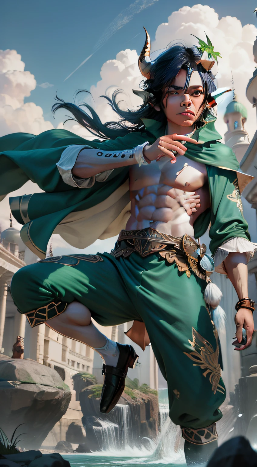 elf ears, sheet horns on head, no deformation ,fully constructed face, indian skin, tall body, muscles, wind user, long suit, pole arm as wepon