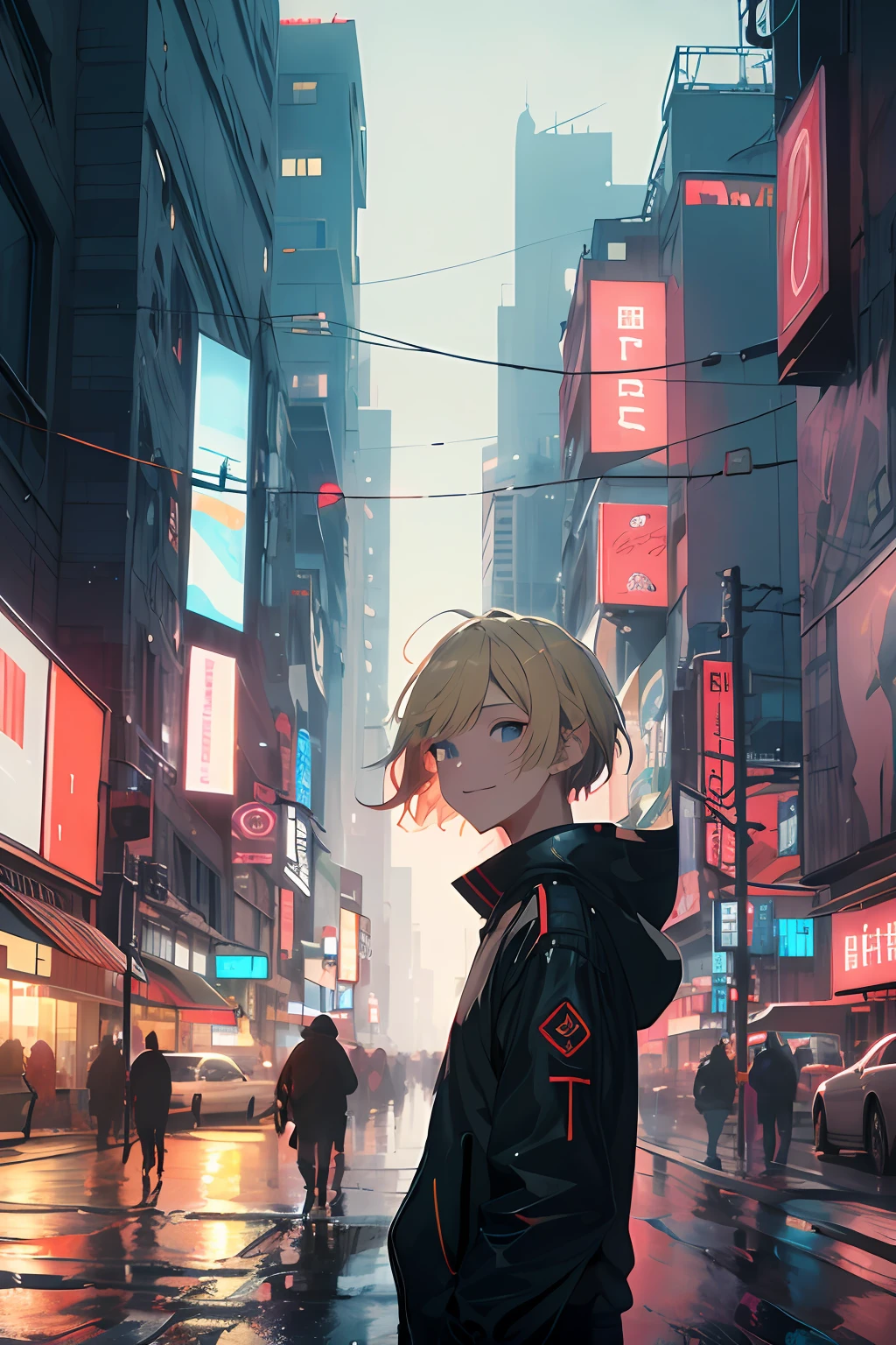 masterpiece, best quality, 1boy, short blonde hair with bangs, solo, night, colorful, cityscape, cyberpunk, light smile, city pop, vector illustration, rain, neon color, nct