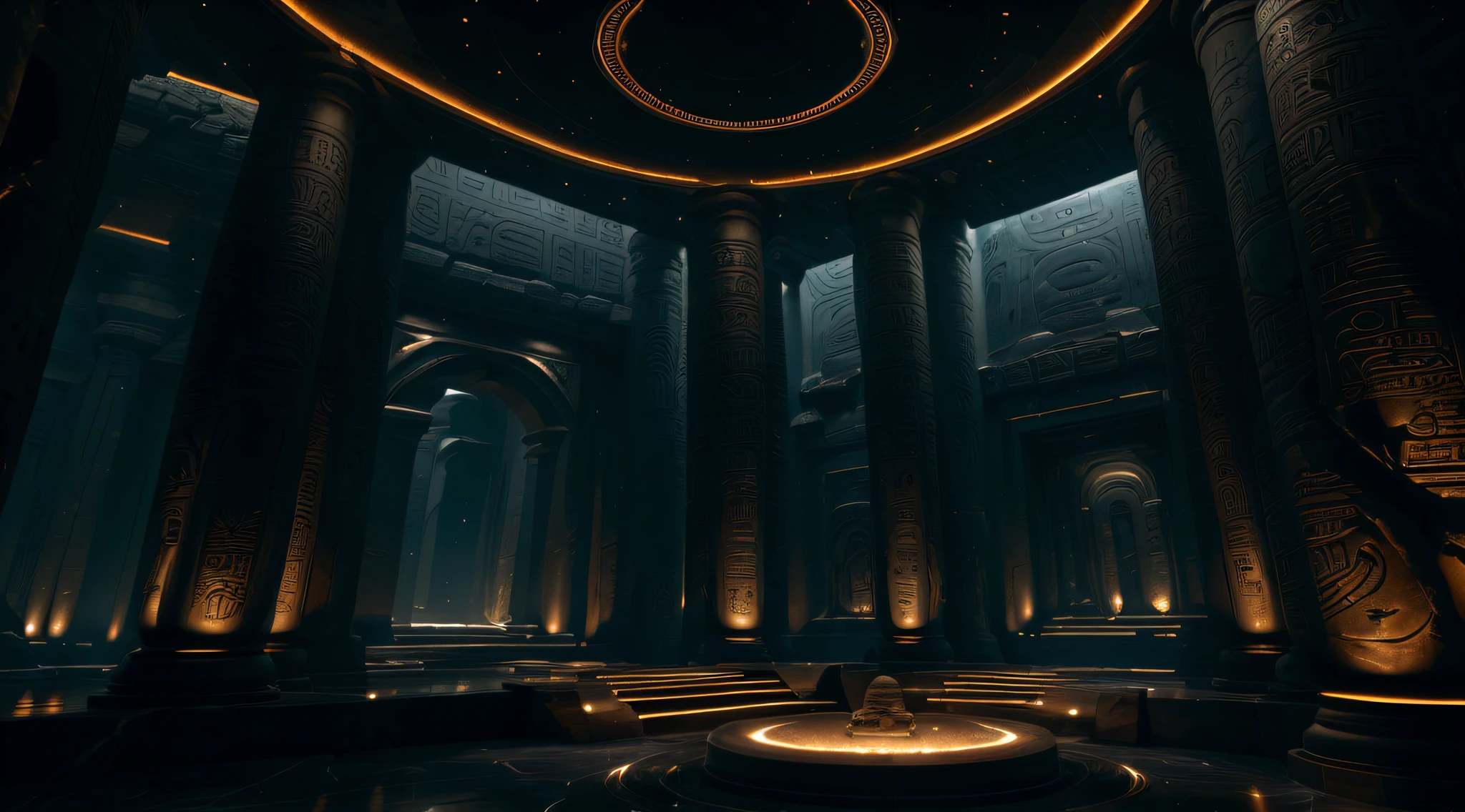 incredible black luxurious futuristic interior in Ancient Egyptian style with lotus flowers, palm trees, hieroglyphics, rocky walls, sand, marble, precious minerals, metals, gemstones, crystals, clouds and water, crocodiles, ultra luxury, black marble – with beautiful lights, Unreal Engine, HQ, 16k