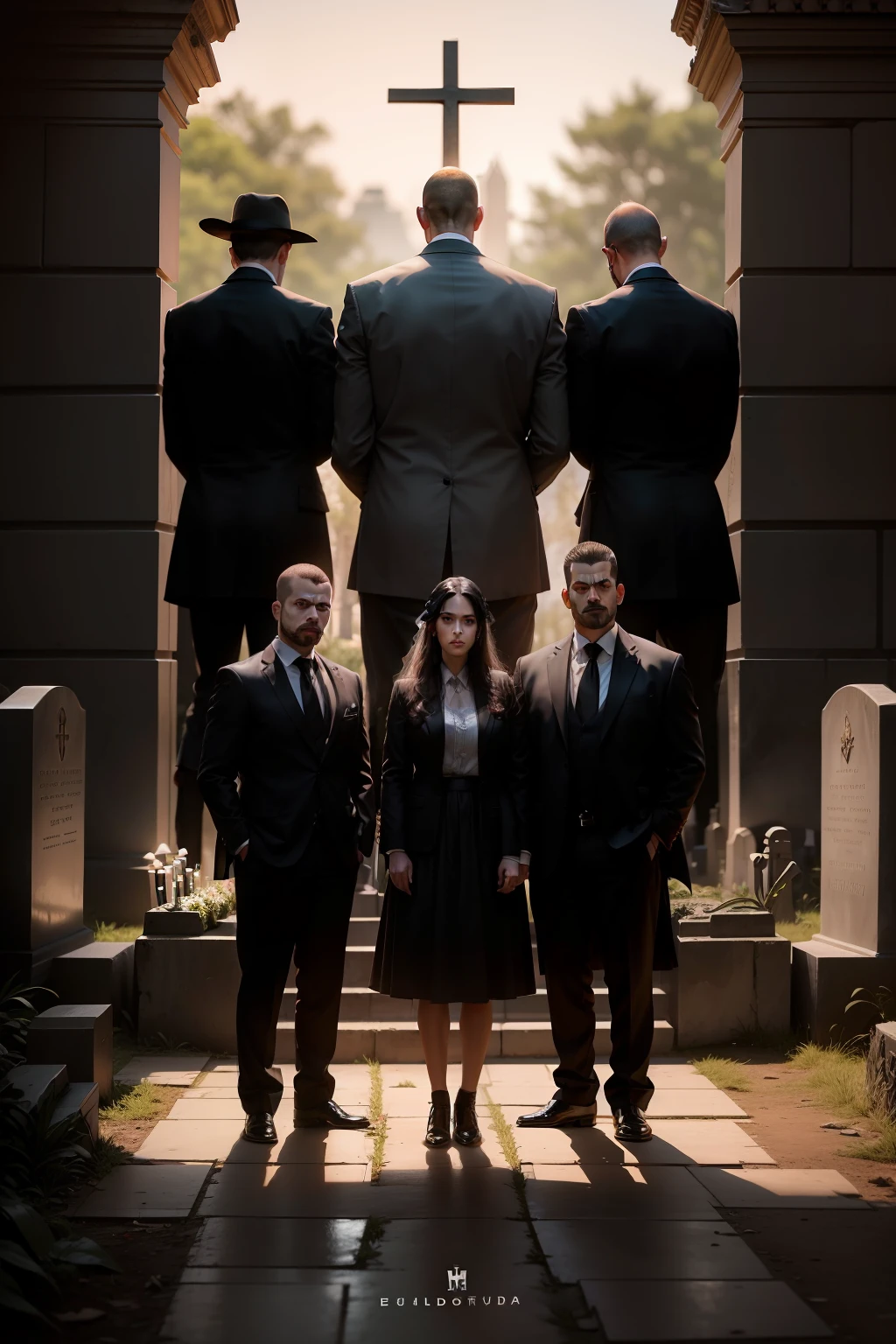 A family standing near a coffin in a cemetery, funeral, coffin, sepultura, rezando, cena triste, arte chave, Enigmatic dinner, imagem de alta qualidade, The Cemetery, tiro de abertura, papel de parede hd, imagem promocional, foto em alta, Imagem promocional