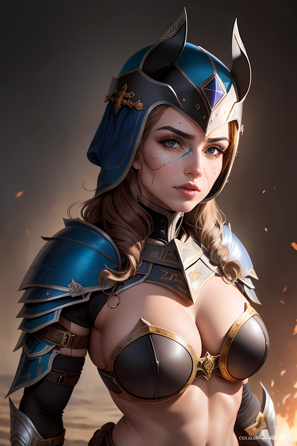 ((melhor qualidade)), ((obra-prima)), (detalhado), rosto bonito, guerreira, (defiance512:1.2), olhos grandes, armadura pesada de ferro preto, capacete detalhado, olhar intenso, pronto para a batalha, pele macia contrastante , (Uplighting:1,2), sensual